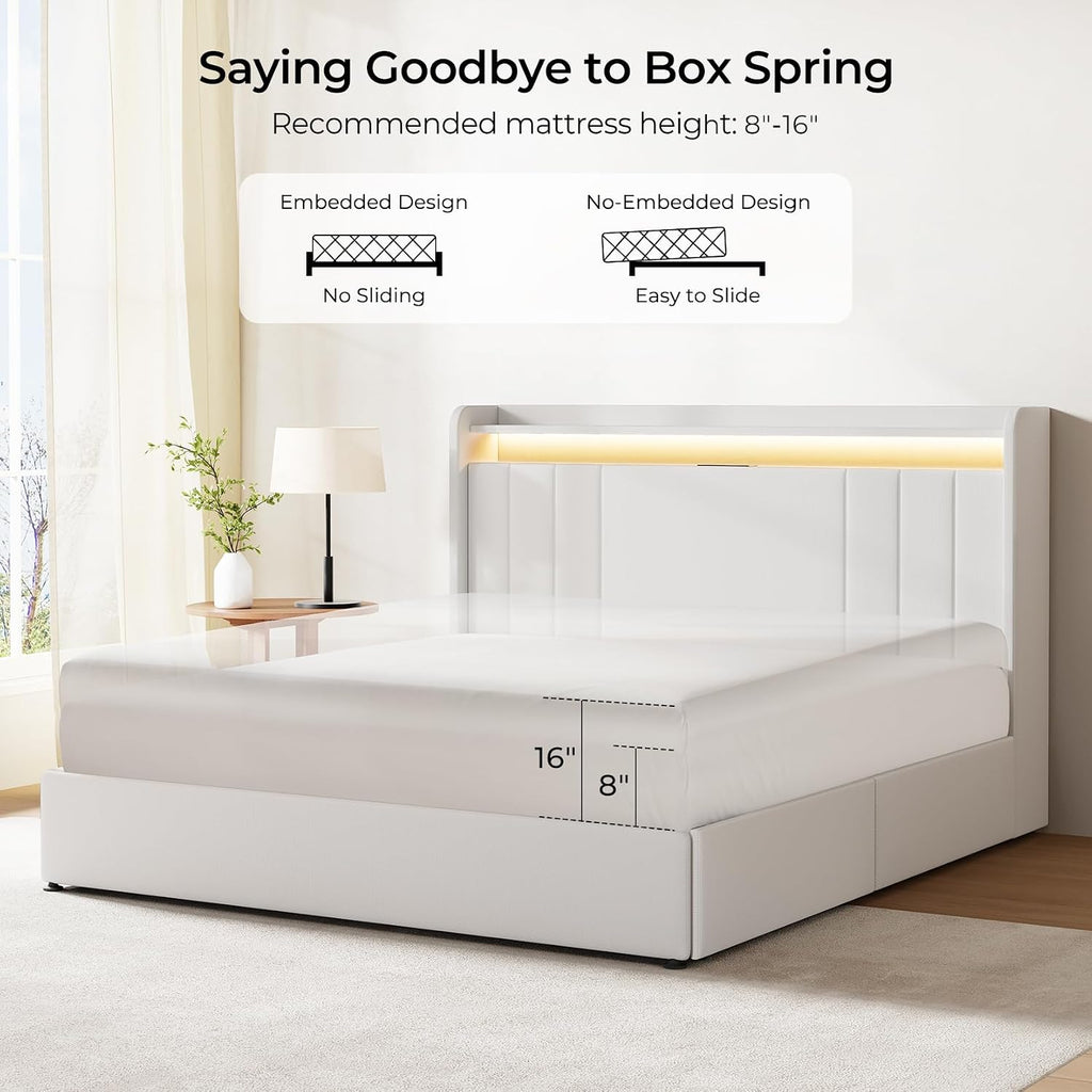 koorlian King Size Bed Frame with Storage, 51'' Tall Headboard Upholstered Platform Bed with 4 Dustproof Drawers, 2-Tier Storage Headboard Wingback, LED Light, Charging Station, Easy Assembly, White