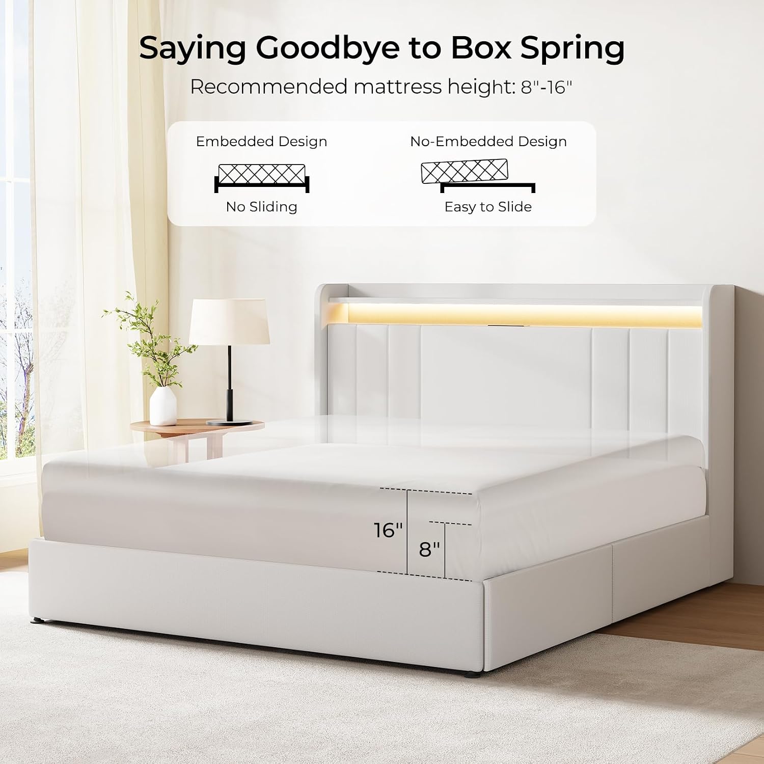 koorlian King Size Bed Frame with Storage, 51'' Tall Headboard Upholstered Platform Bed with 4 Dustproof Drawers, 2-Tier Storage Headboard Wingback, LED Light, Charging Station, Easy Assembly, White