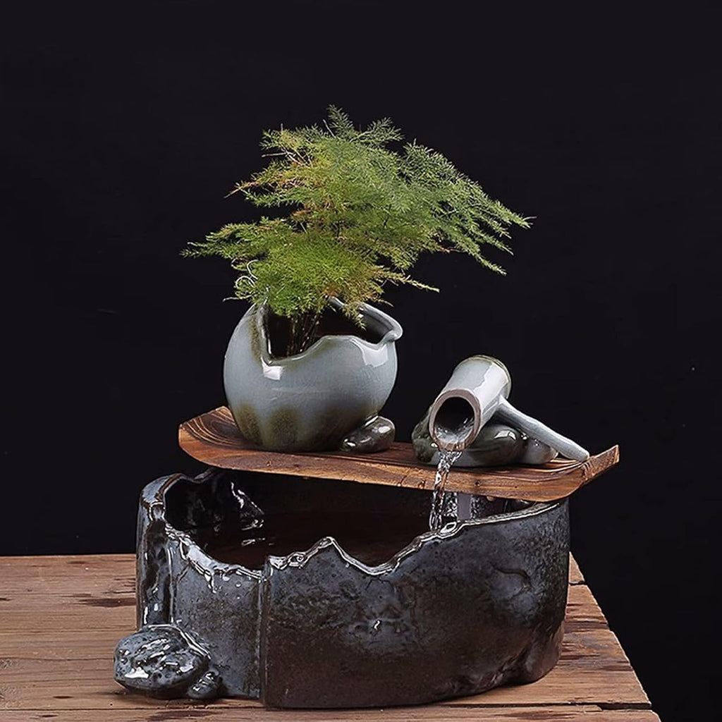 GRFIT Indoor Fountain Tabletop Fountain Ceramic Flowing Water Ornament New Zen Chinese Home Feng Shui Attract Wealth Humidification Landscape Office Desk Decorations Table Fountain