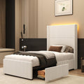 Hlivelood Twin Size Bed Frame with 52' Tall Corduroy Wingback Headboard, Upholstered Platform Bed with 2 Storage Drawers & LED Lights, Vertical Stripes, No Box Spring Needed, Noise-Free, Cream