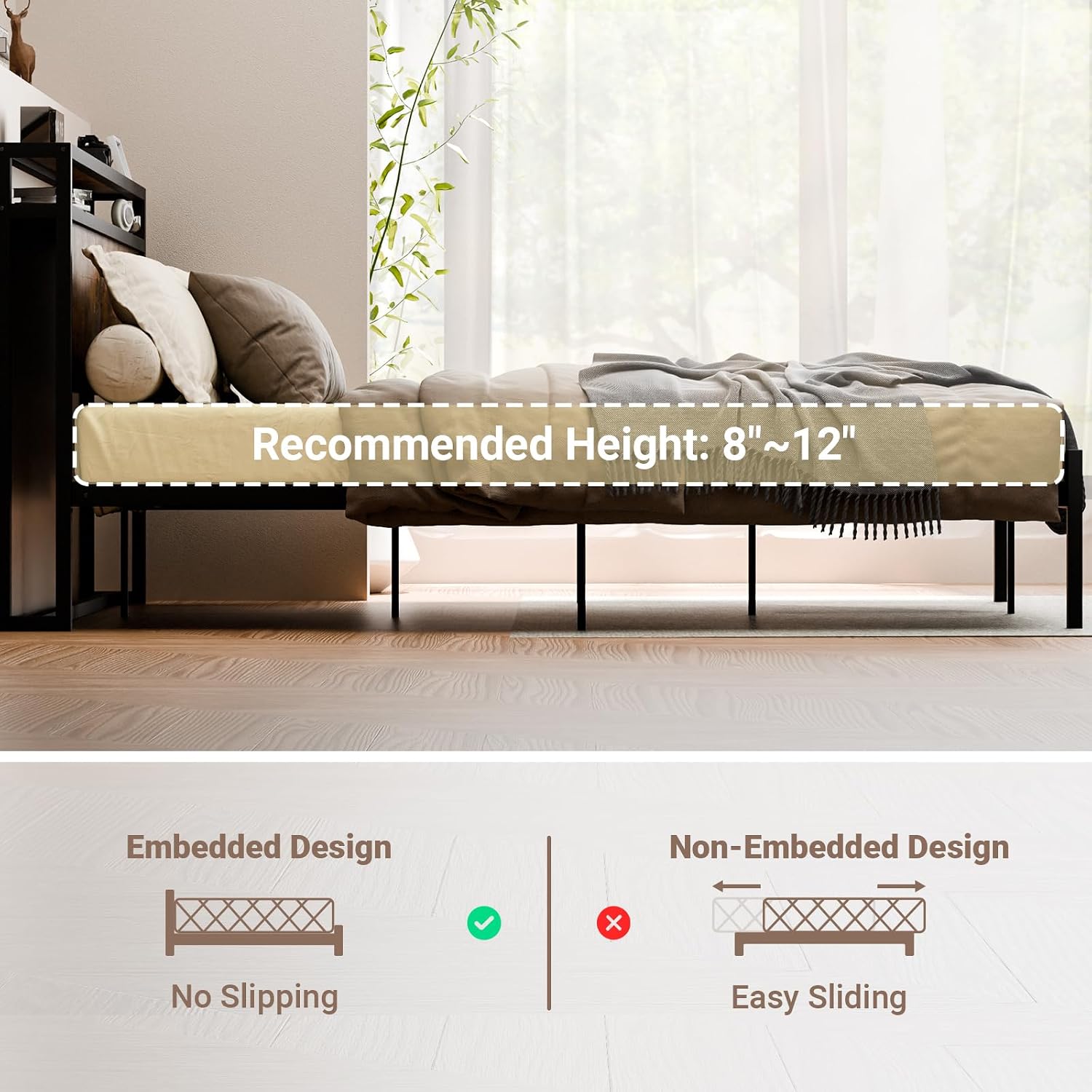 Zevemomo Queen Size Bed Frame with Headboard, Headboard with Charging Station, 2 USB Port & 2 AC Power Outlet, Queen Metal Platfrom Bed Frames No Box Spring Needed, Sturdy & Assembly, Brown