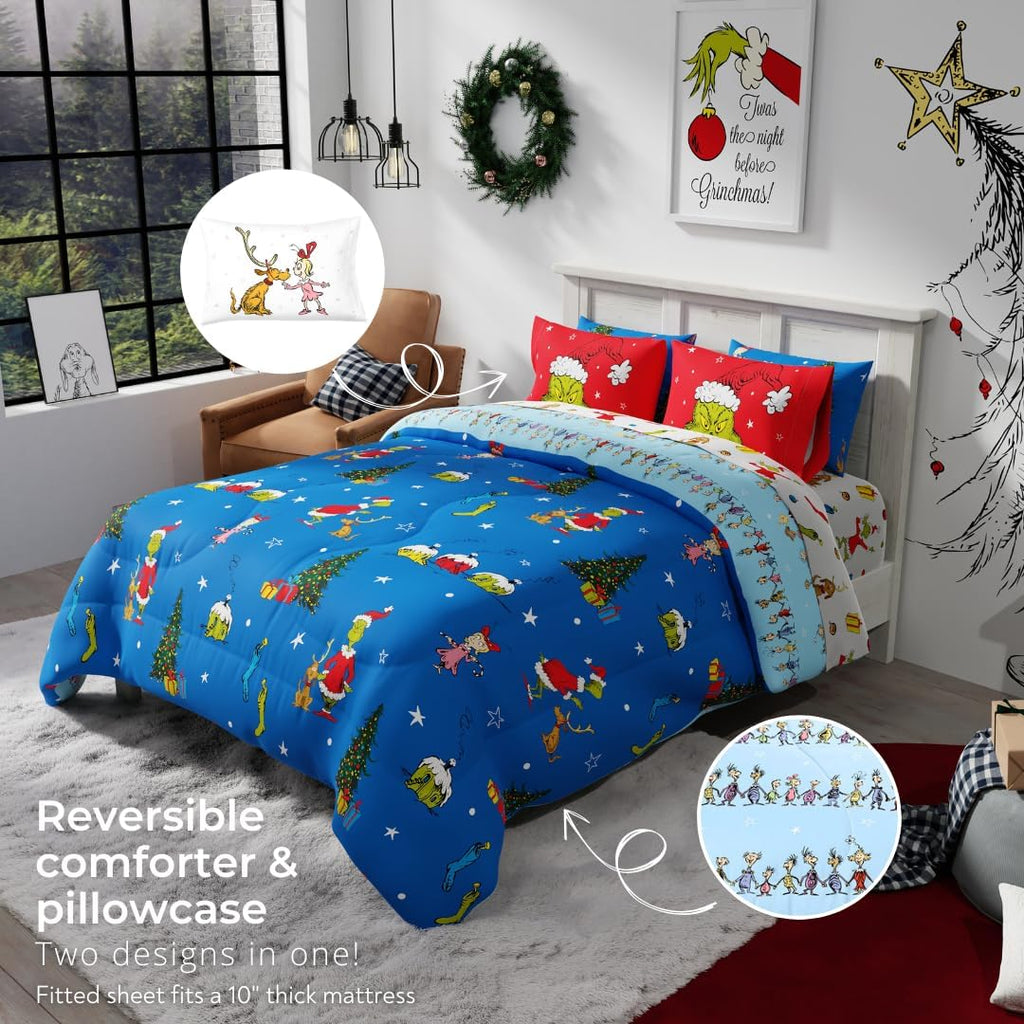 Grinch By Dr. Seuss Holiday & Christmas Bedding Super Soft Comforter and Sheet Set with Sham, 7 Piece Queen Size (Official Dr. Seuss Product) By Franco