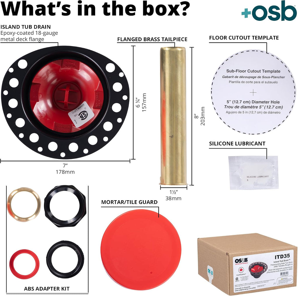 OS&B ITD35 - Two Piece ABS Pipe Freestanding Tub Drain Kit & Rough-In - Easy Installation, Asymmetrical Deck Plate, Water, Air, & Smoke Testable - Designed for 8'/10' Joist Spaces & Tight Bathrooms