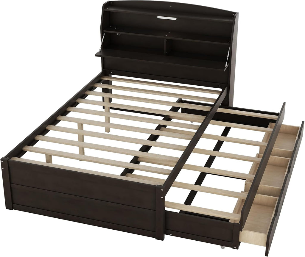 Multi-Function Full Size Platform Bed with Trundle and 3 Drawers, Wood Captain Platform Bed Frame with Storage Headboard and Night Light, Maximized Space (Brown-D1, Full)
