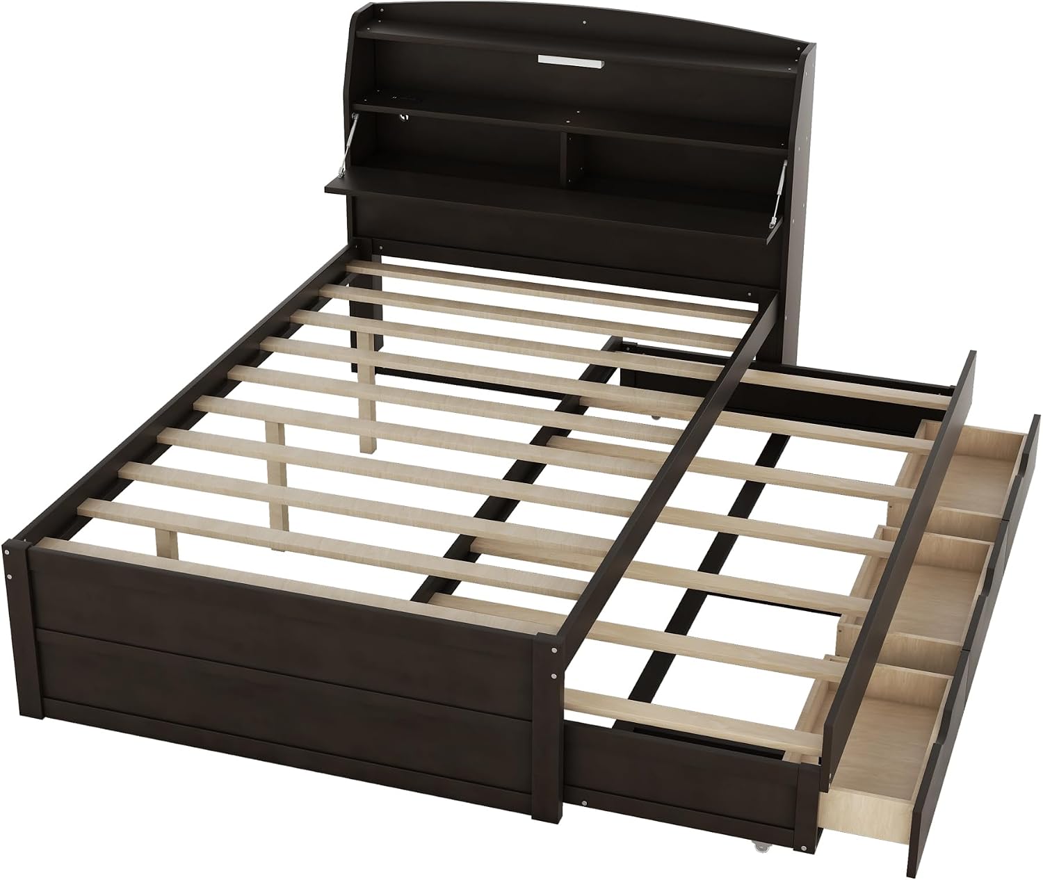 Multi-Function Full Size Platform Bed with Trundle and 3 Drawers, Wood Captain Platform Bed Frame with Storage Headboard and Night Light, Maximized Space (Brown-D1, Full)