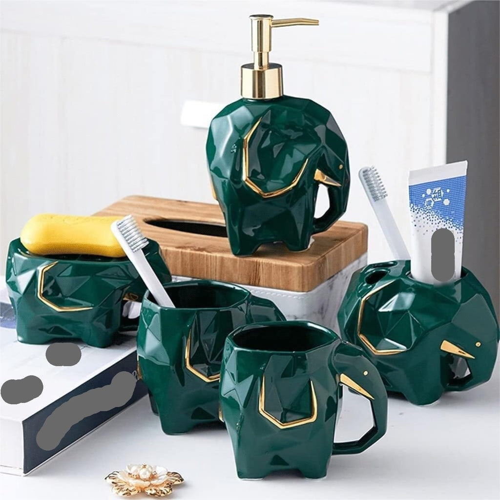 Countertop Organizer for Bathroom 5-Pieces Bathroom Accessory Set Geometric Soap Dispenser Ceramic Lotion Toothbrush Holder Home Decor(Blue)