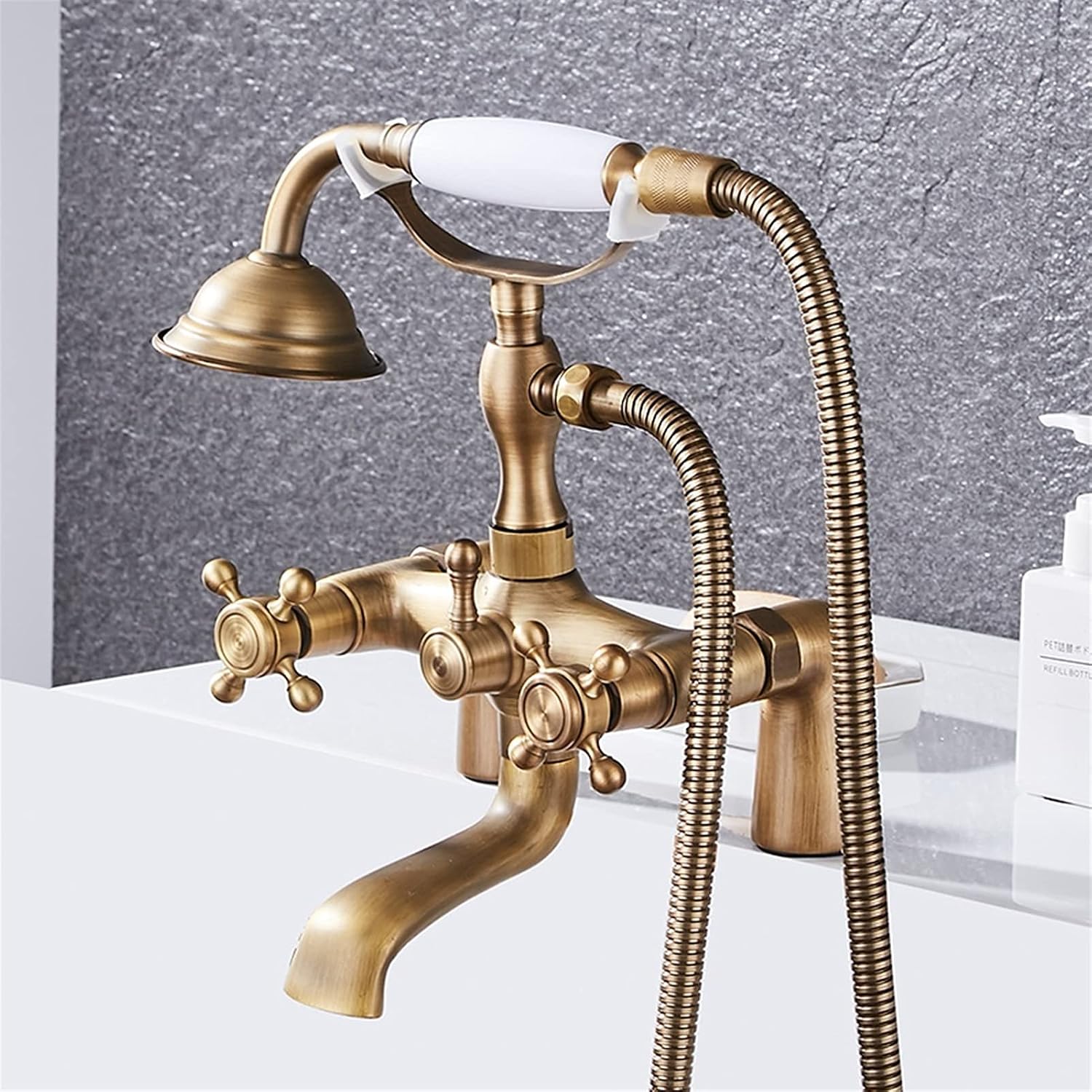 Antique Bathtub Shower Set All Copper Brushed Bronze Simple Shower Deck Installation Double Handle 2 Functions Hand Shower Thick Brass Mixing Valve Bathtub Hot and Cold Water Faucet Rotating s Full