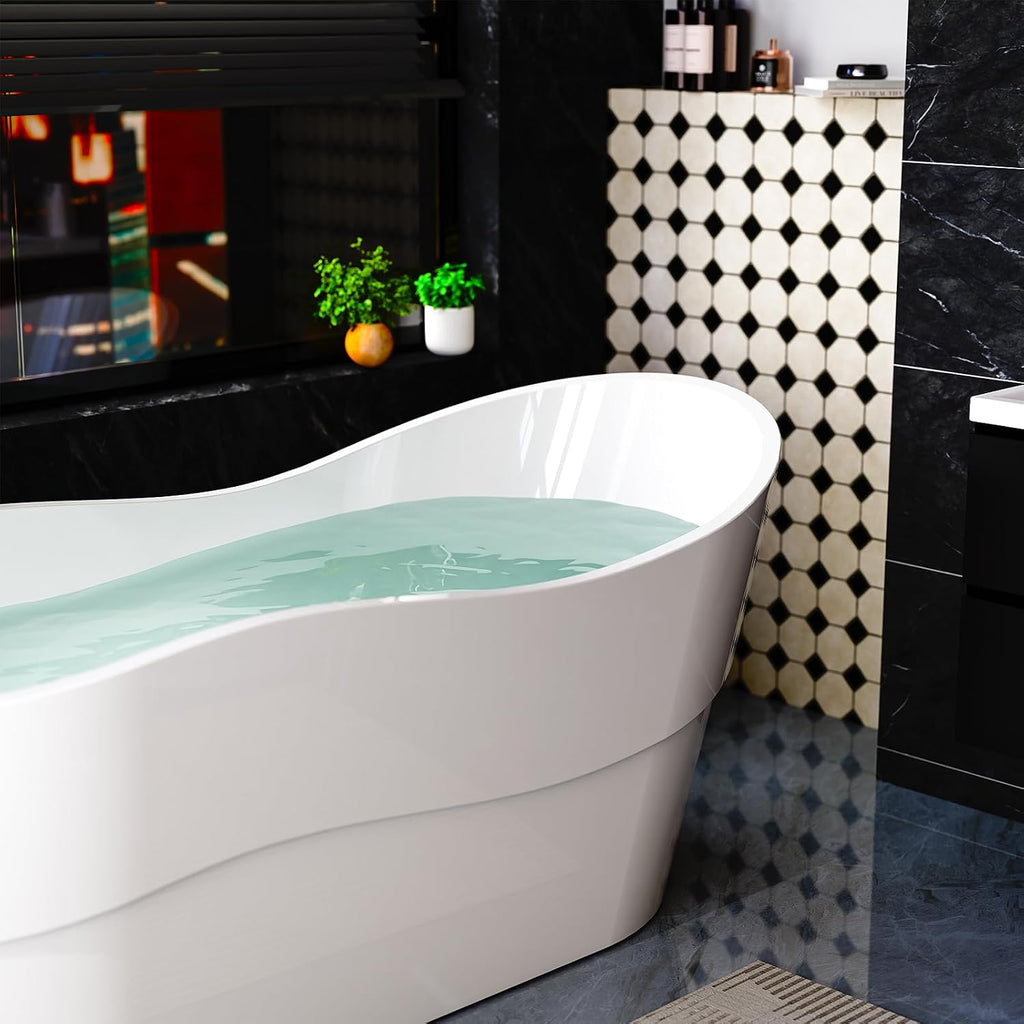 Empava Bathtub, 67' Soaking Tub, Acrylic Free Standing Tub with End Drain and Overflow, Contemporary Design Bathtub for Bathroom, cUPC Certified, Glossy White