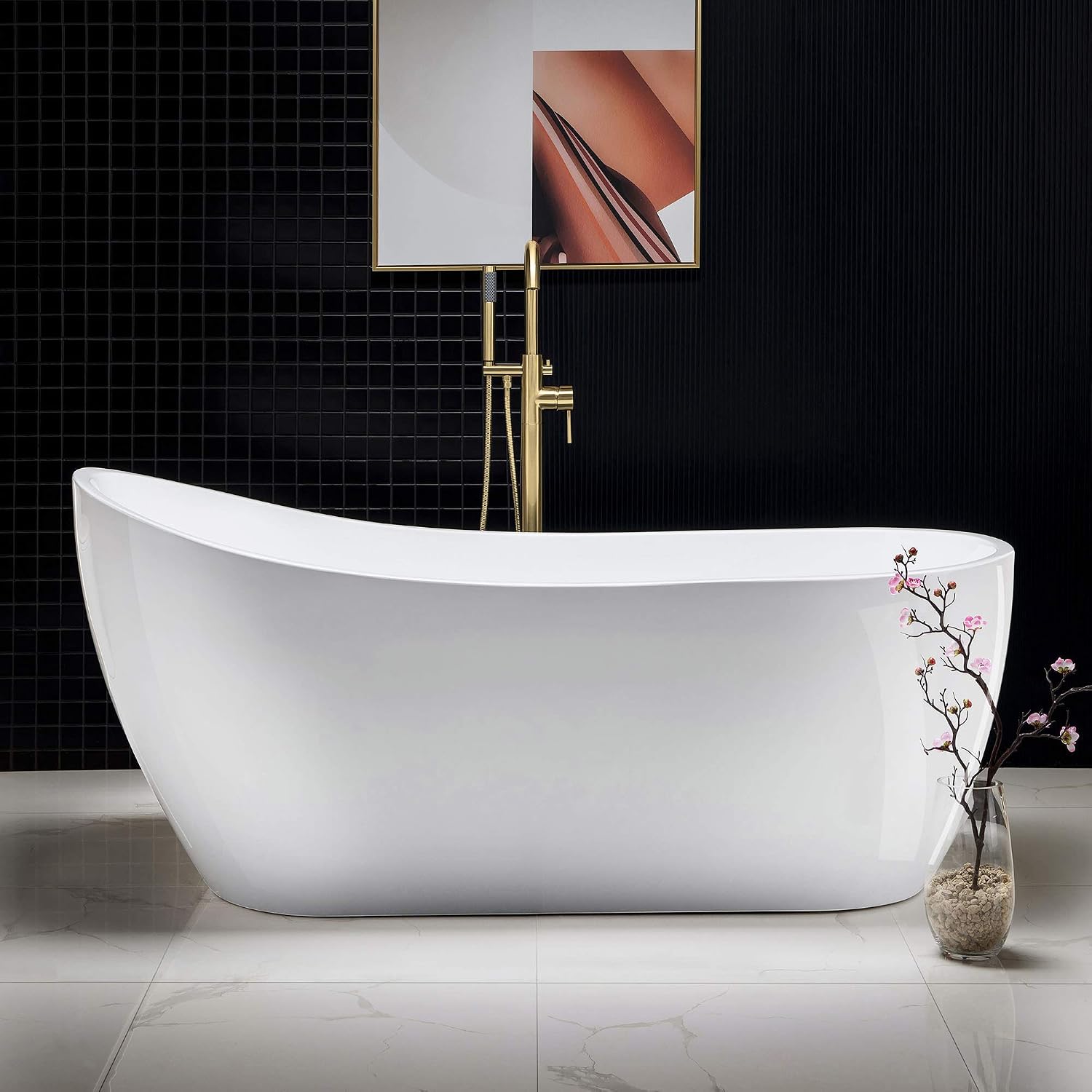 WOODBRIDGE 67' Acrylic Freestanding Bathtub Contemporary Soaking White Tub with Brushed Gold Overflow and Drain，B0001 -BG-Drain &O