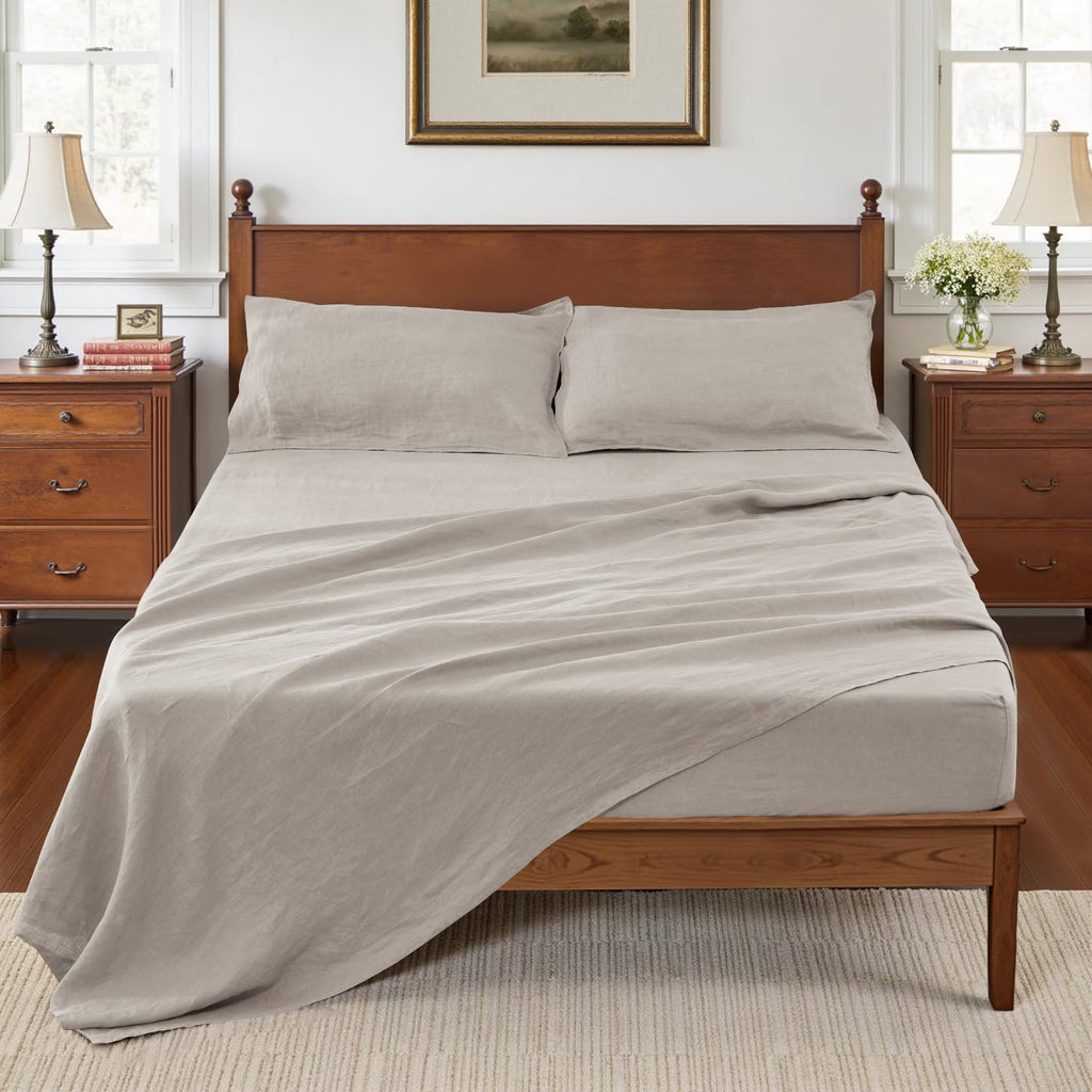 S VICTORY SYMBOL 100% Organic Linen Sheets Set Queen 4Pcs,Stone Washed French Flax Bed Sheets(1 Flat Sheet,1 Fitted Sheet,2 Pillowcase) GOTS Certified,Farmhouse Bedding-Khaki Linen