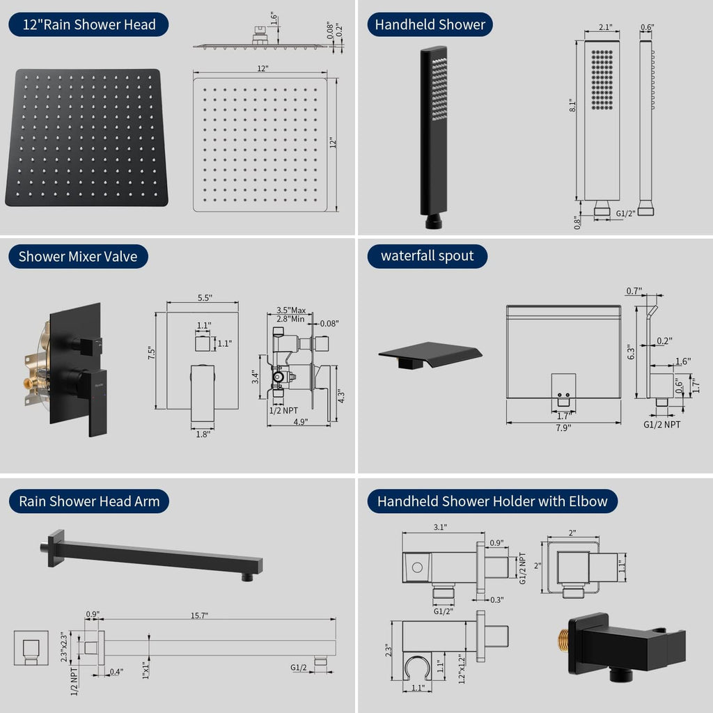Male NPT Matte Black Shower System, 12 Inch Shower Fixtures Rain Shower Head with Handheld Shower Spray, Wall Mount Shower Faucet Set for Bathroom(Pressure Balance Shower Trim Valve Kit Included)
