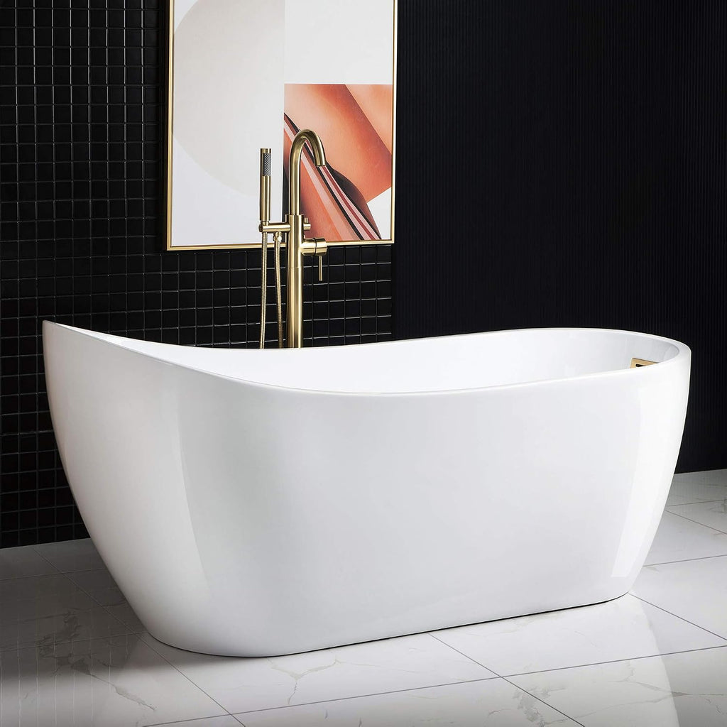 WOODBRIDGE 67' Acrylic Freestanding Bathtub Contemporary Soaking White Tub with Brushed Gold Overflow and Drain，B0001 -BG-Drain &O