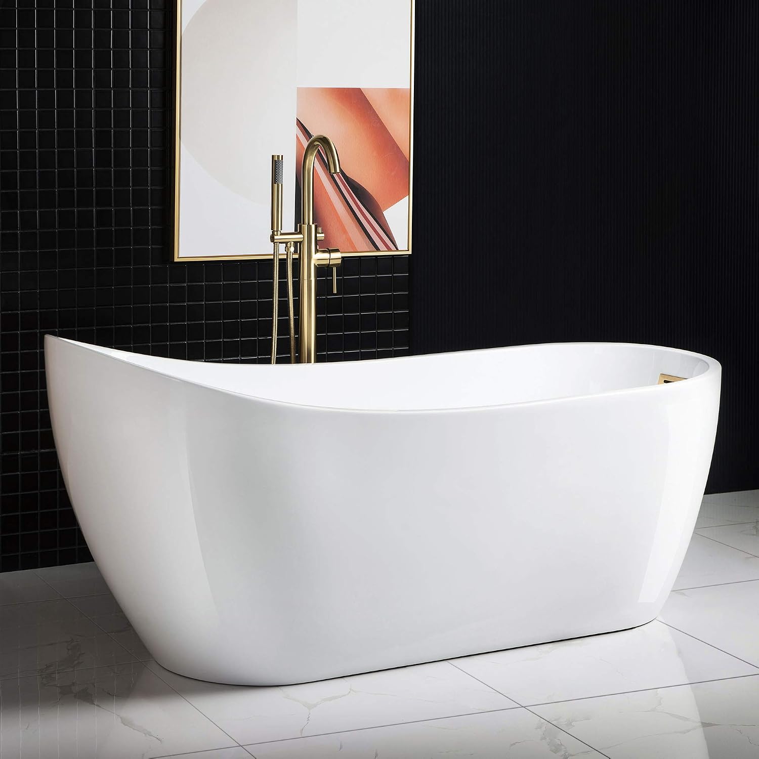 WOODBRIDGE 67' Acrylic Freestanding Bathtub Contemporary Soaking White Tub with Brushed Gold Overflow and Drain，B0001 -BG-Drain &O