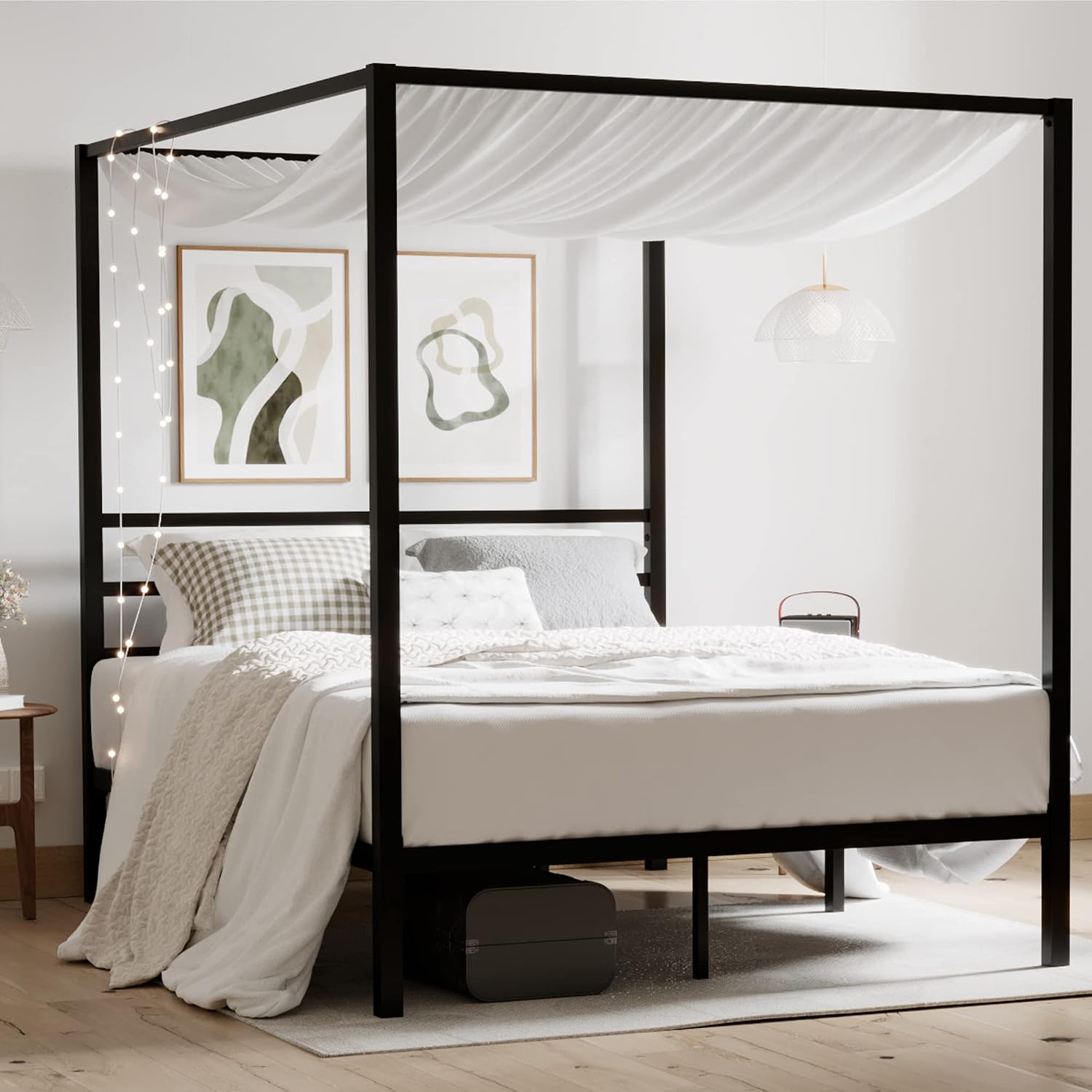 ikalido Queen Size Metal Canopy Bed Frame, Modern Four-Poster Platform Bed Frame, Mattress Foundation, Under-Bed Storage Space, No Box Spring Needed, Black