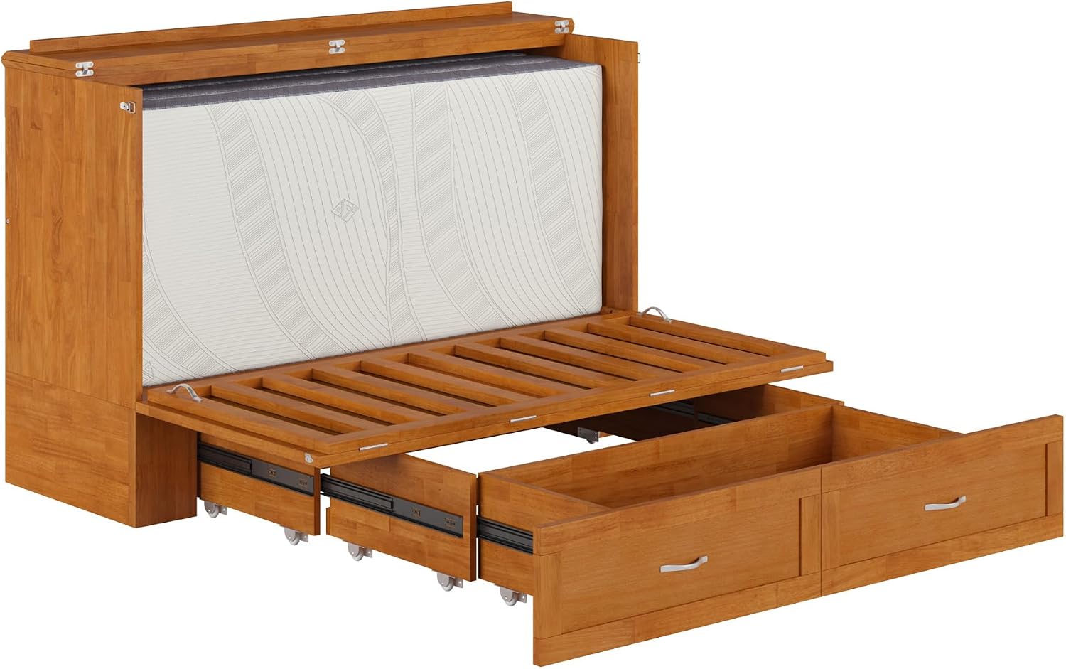 AFI Hamilton Queen Murphy Bed Chest with Mattress, Storage, and Built-in Charger in Light Toffee