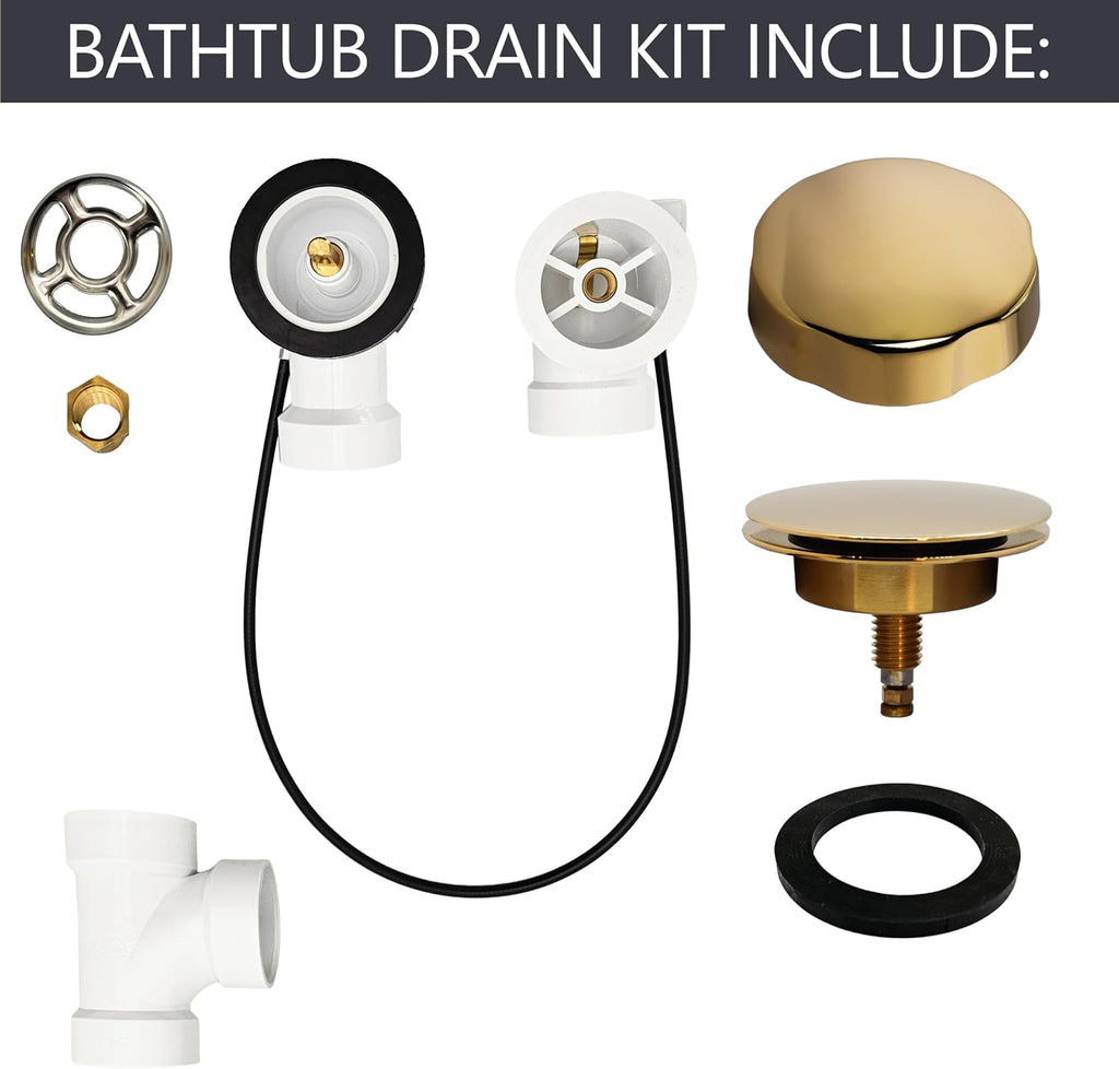 Westbrass D50P45-01 45' Cable Drive Standard Bath Drain Trim Kit with Rotary Overflow Cover Knob, Pop-Up Stopper and SCH. 40 PVC Fittings, Polished Brass