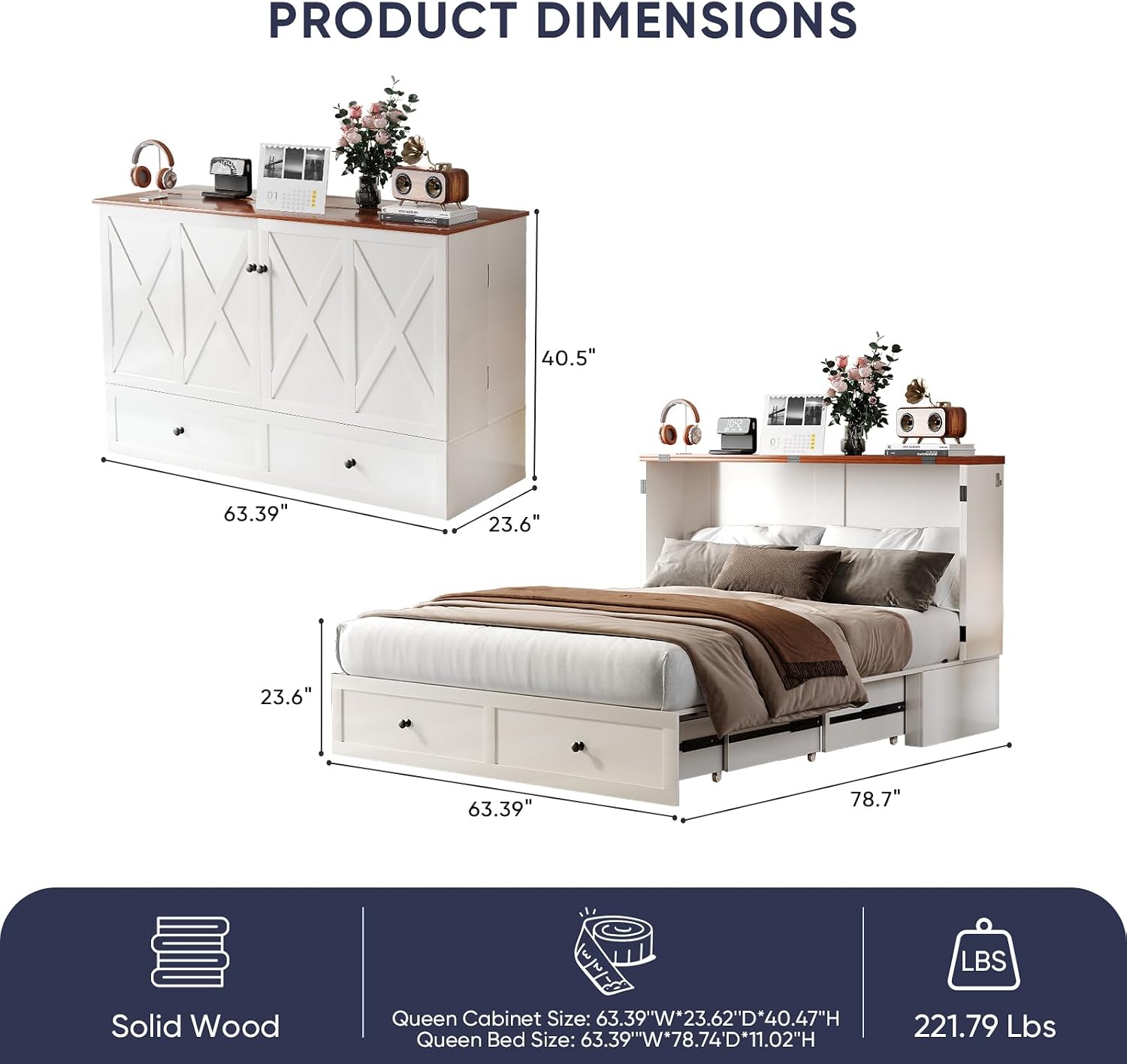 ijuicy Queen Murphy Bed with Storage & Multifunctional Charging Station, Farmhouse Murphy Cabinet Bed with Foldable Panel, Space-Saving Beds for Guest Bedroom, Living Room-White & Brown, No Mattress