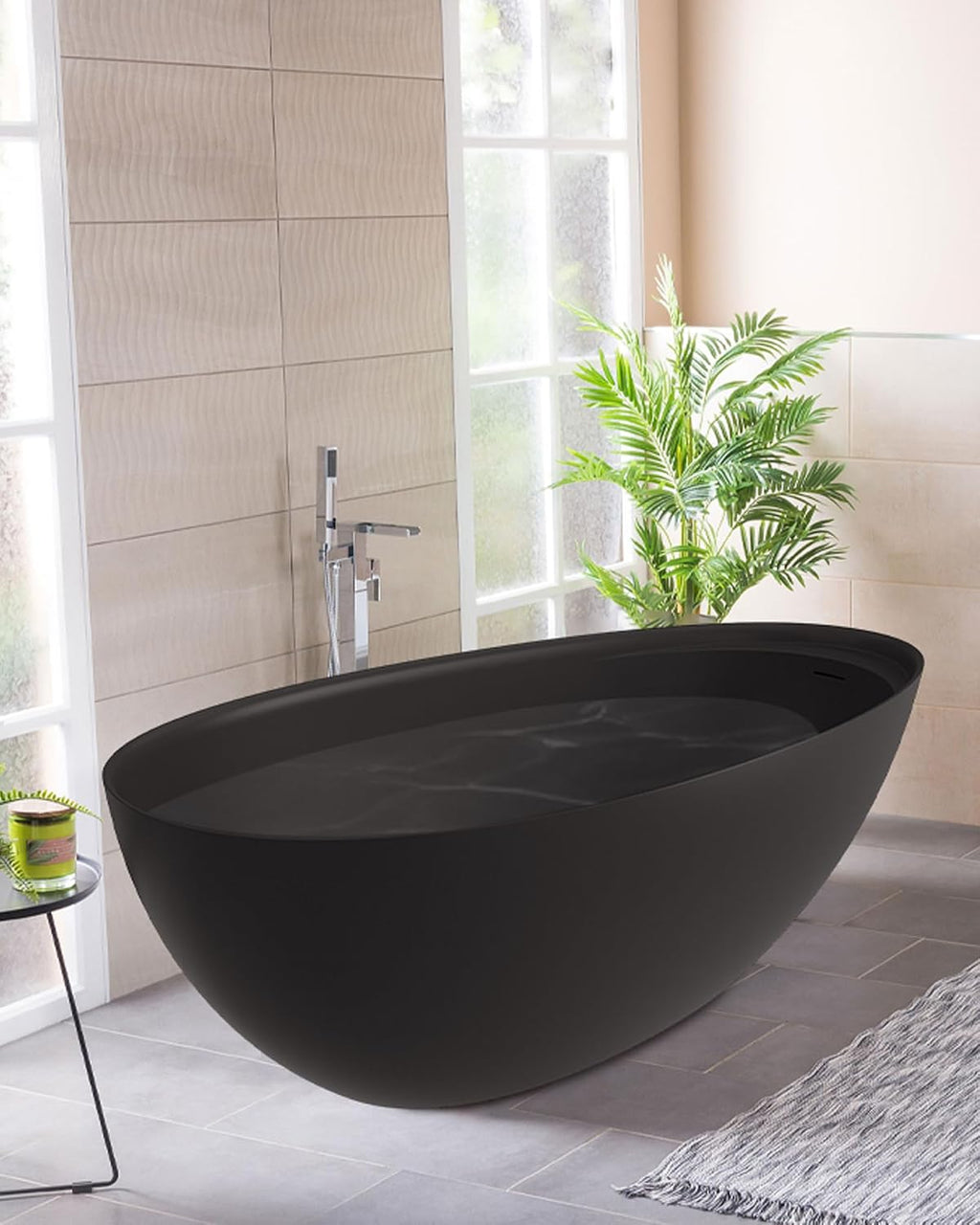 CASAINC 67' Free Standing Tub, Matte Black Stone Resin Freestanding Tub Large Space Solid Surface Soaking Tub with Drain, Drain Hose & Sanding Paper