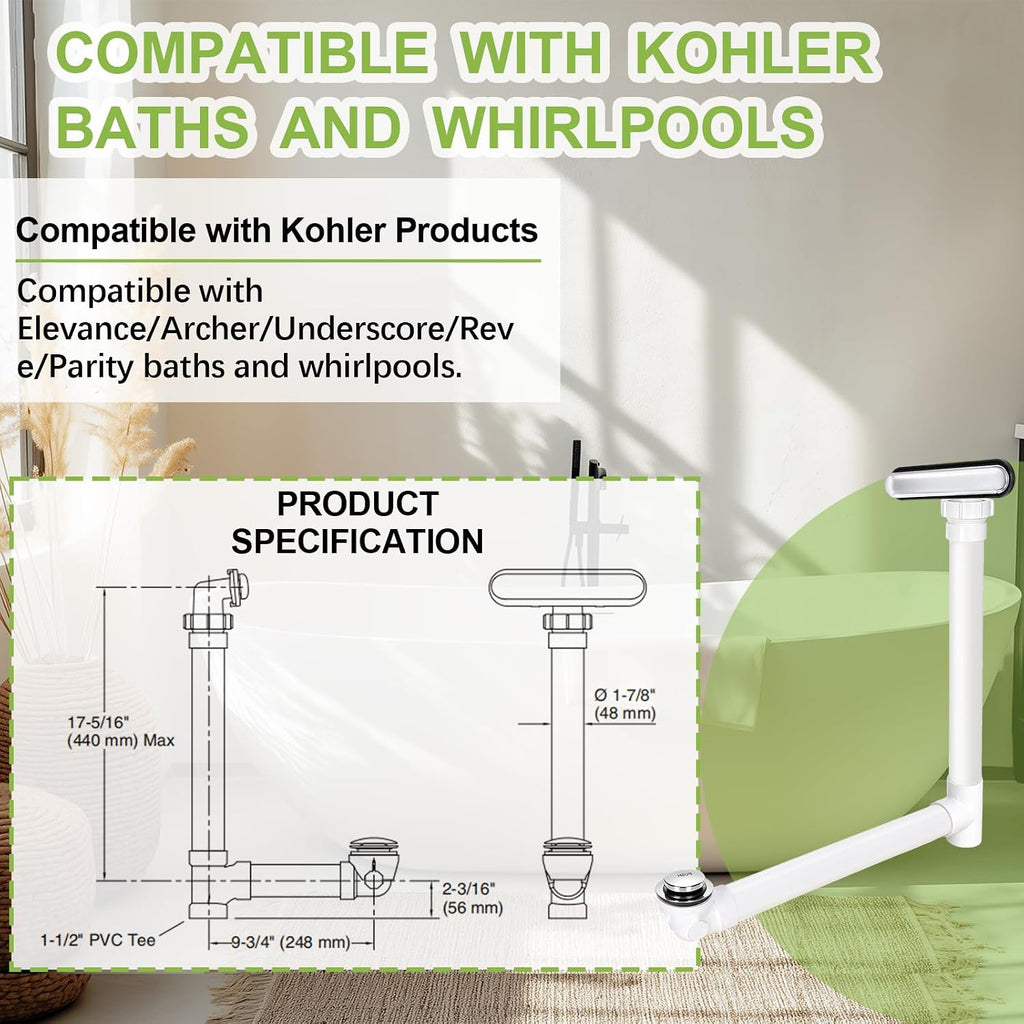 Slotted Overflow Bath Drain with Toe-Tap Stopper, with Metal Overflow Cover, Compatible with Kohler Elevance/Archer/Underscore/Rêve/Parity Baths and Whirlpools, Brushed Nickel, Easy Installation