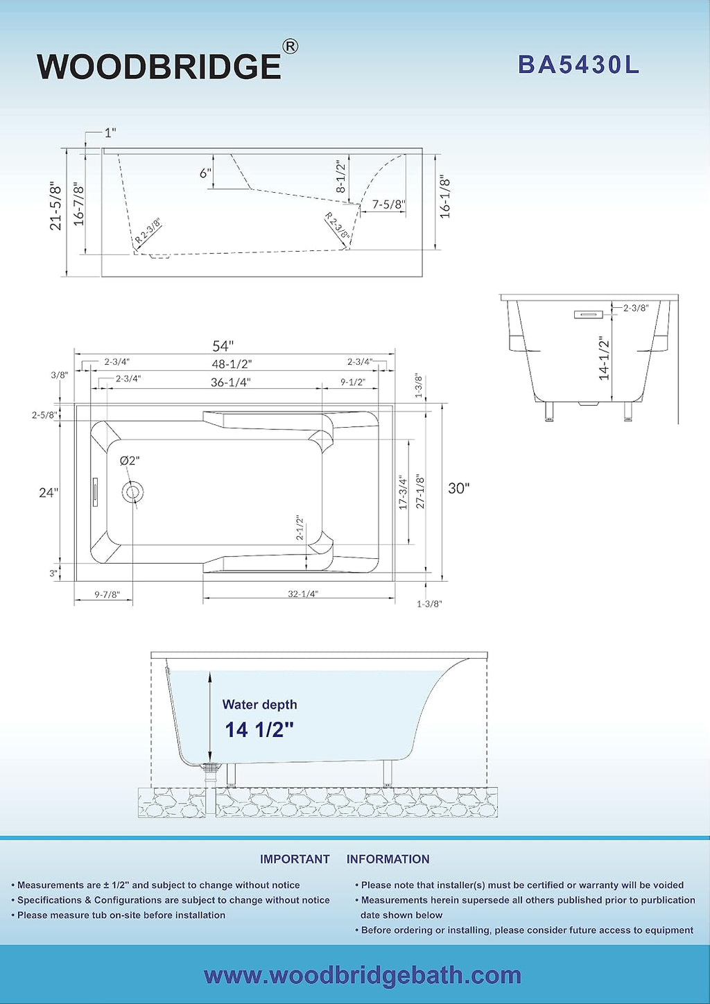 WOODBRIDGE 54' Acrylic Rectangular Alcove Soaking Bathtub in White with Left Drain, Brushed Gold pop-UP Drain Included BA5430L