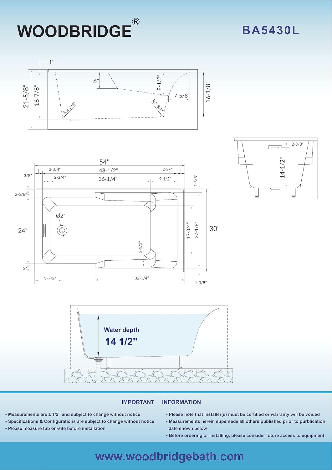 WOODBRIDGE 54' Acrylic Rectangular Alcove Soaking Bathtub in White with Left Drain, Brushed Gold pop-UP Drain Included BA5430L
