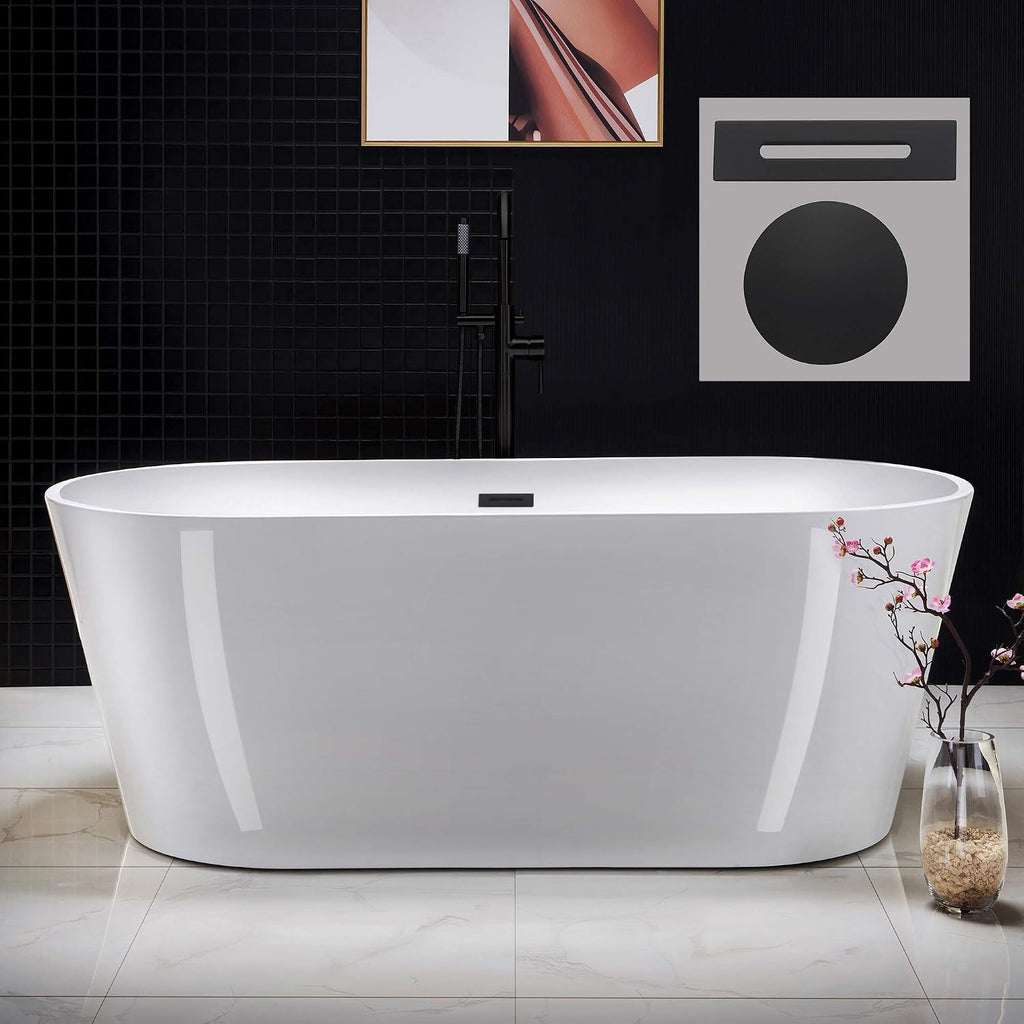 WOODBRIDGE 67' Acrylic Freestanding Bathtub Contemporary Soaking Tub, White Acrylic (Matte Black Drain/Overflow), B0013-MB-Drain &O