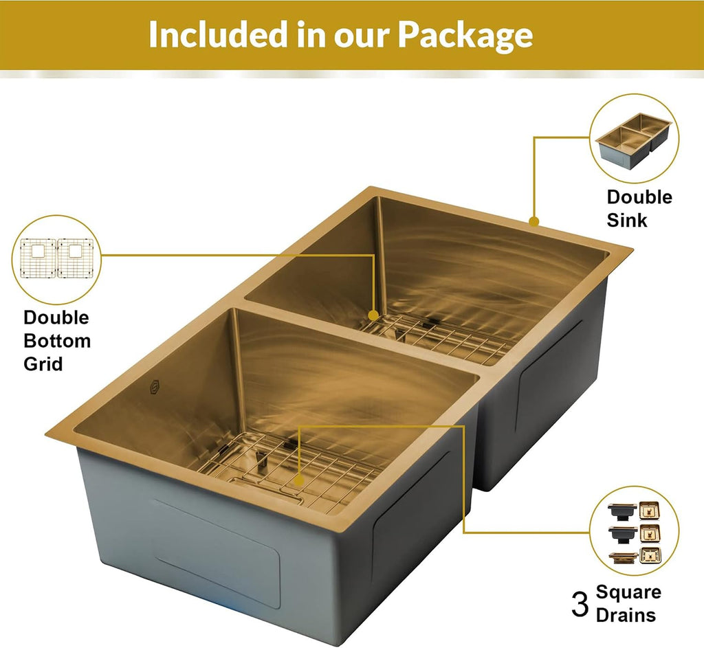 Strictly Sinks 32 Inch Undermount Double Bowl Kitchen Sink – Gold Kitchen Sink Designer Shelf Accessory 16 Gauge Stainless Steel – With Bottom Grid, 1 Disposal Adapter and 2 Strainer Drains