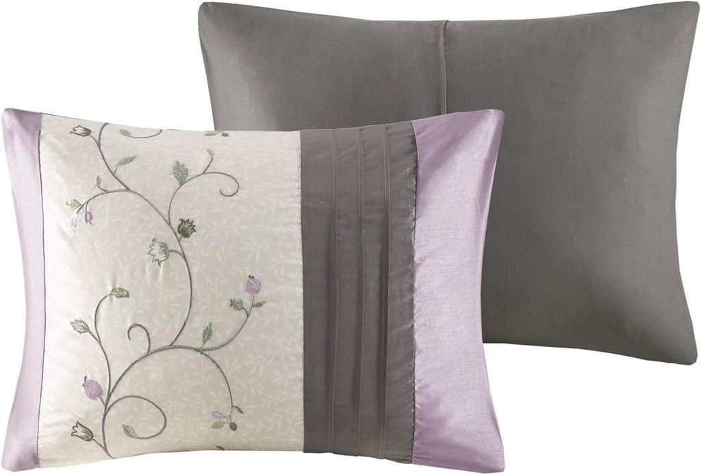 Madison Park Serene Faux Silk Comforter Set - Floral Embroidery Design, All Season Bedding Set, Matching Bed Skirt, Decorative Pillows, Purple Queen(90'x90') 7 Piece