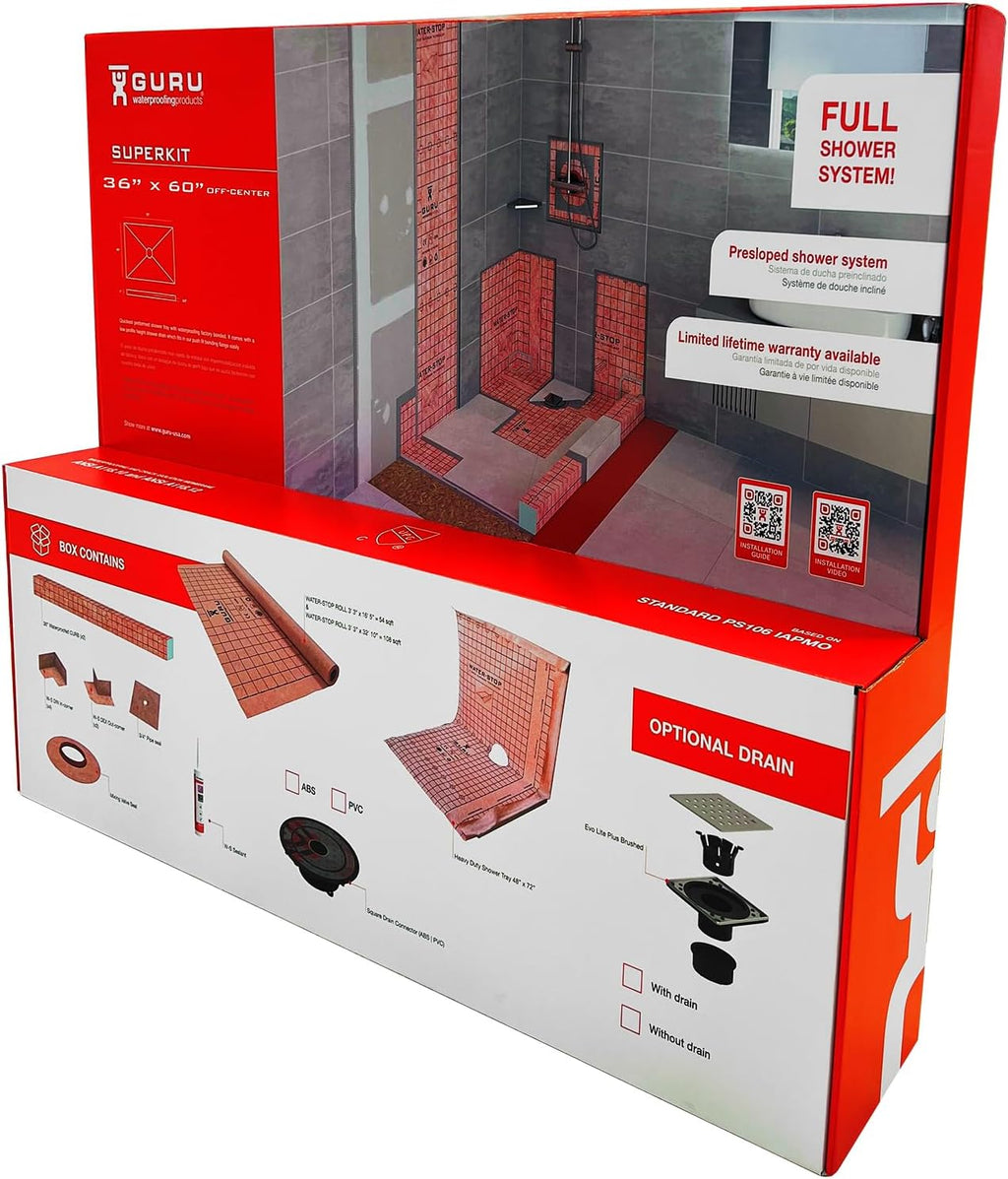 GURU USA SuperKit Square Complete Shower Kit with Heavy Duty Tray, Evo Lite Stainless Steel Drain, & Waterproof Membrane Roll, Bathroom Accessories, 36' x 60', Off-Center Drain, PVC Connector