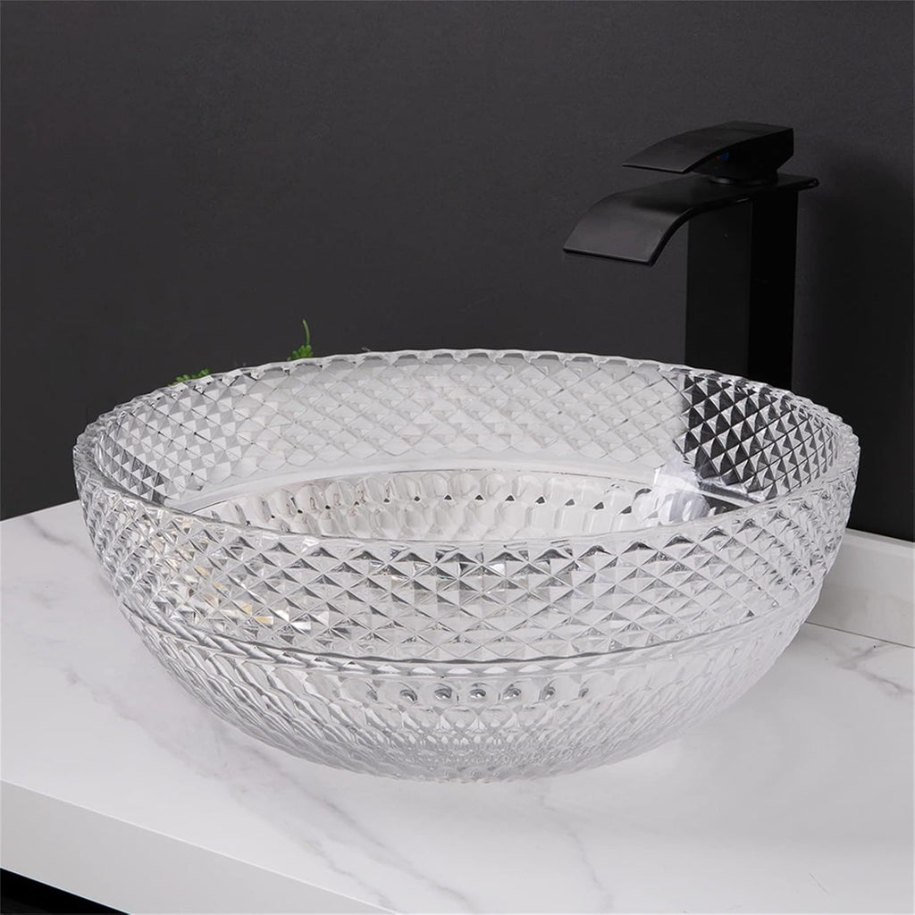 Tempered Glass Vessel Bathroom Vanity Sink Round Bowl, Transparent Above Counter Bathroom Vessel Vanity Sink with Chrome Faucet and Pop-Up Drain Combo,Single Basin Set (Complete Set)