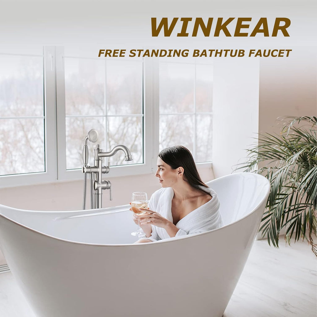 Roman Bathroom Faucet Set, Centerset Sink Faucet 2 Hole with Pop Up Drain, Free Standing Tub Faucet Filler with High Pressure Handheld Shower, Brushed Nickel