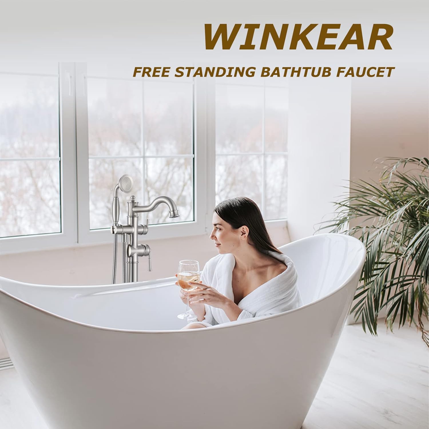 Roman Bathroom Faucet Set, Centerset Sink Faucet 2 Hole with Pop Up Drain, Free Standing Tub Faucet Filler with High Pressure Handheld Shower, Brushed Nickel
