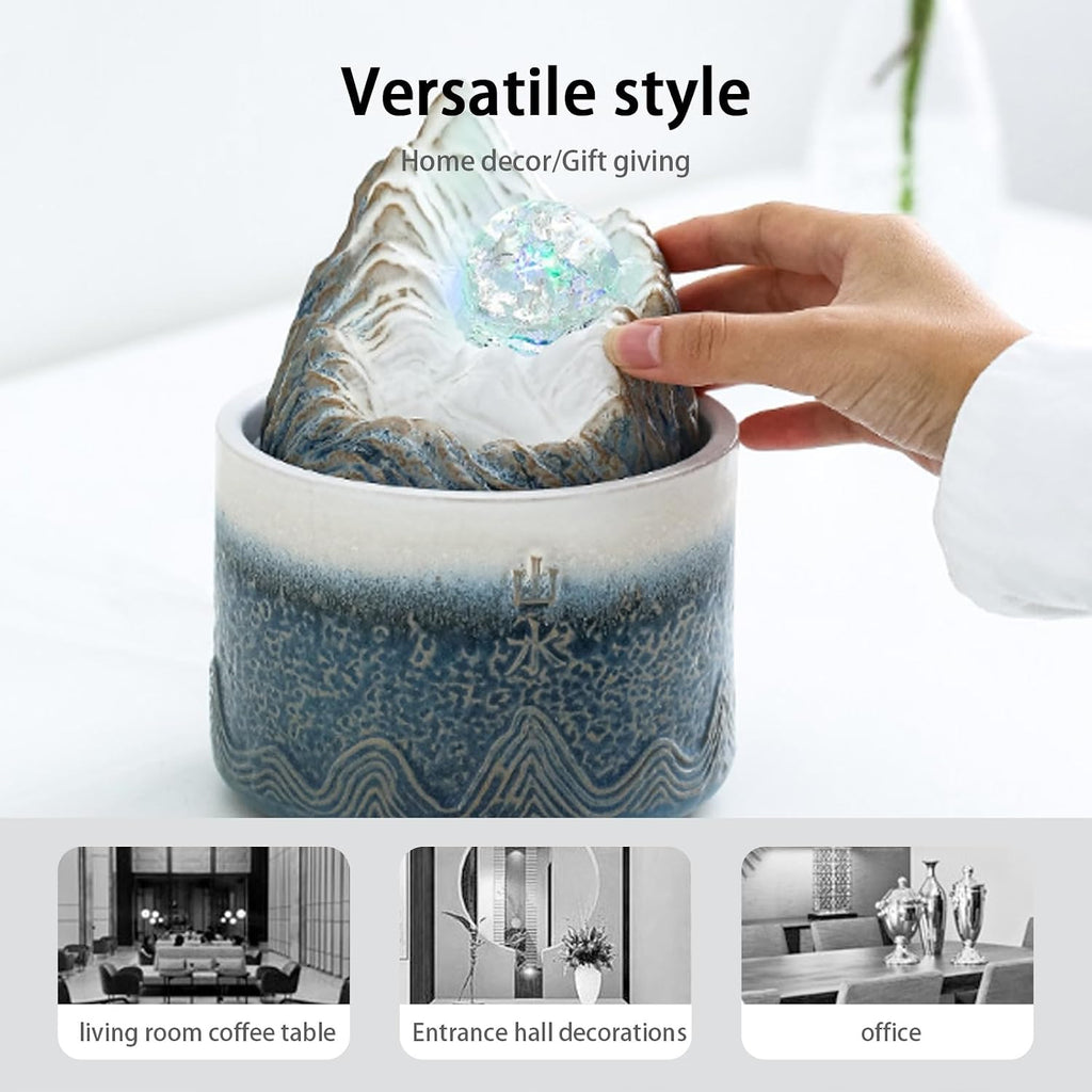 Tabletop Water Fountain, Crystal Ball with LED Lights, Ceramic Zen Desktop, Relaxation Decor for Home Office Living Room(Blue White)