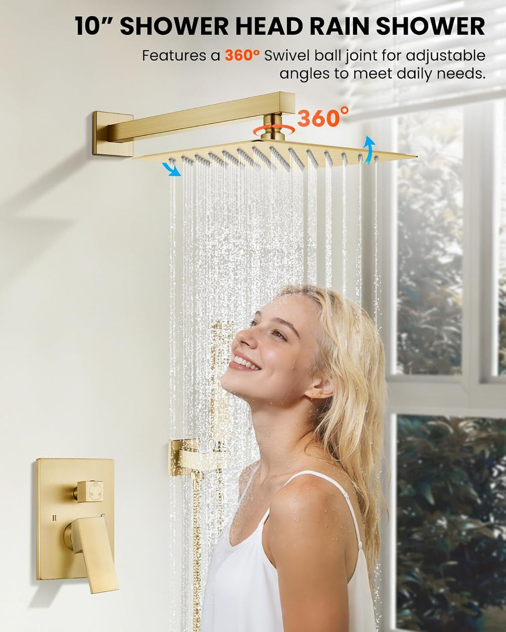 gotonovo Shower System with Tub Spout,Waterfall Tub Shower Faucet Set for Bathroom Head and Handle Set Wall Mounted 3 Function Rough-in Valve and Trim Included 10 inch Shower Head Brushed Gold