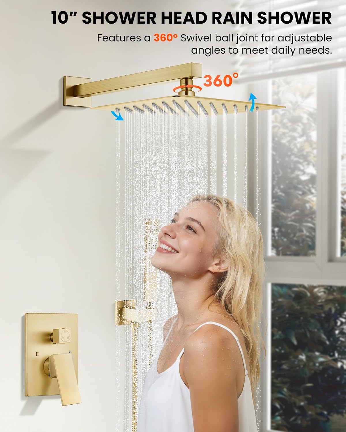 gotonovo Shower System with Tub Spout,Waterfall Tub Shower Faucet Set for Bathroom Head and Handle Set Wall Mounted 3 Function Rough-in Valve and Trim Included 10 inch Shower Head Brushed Gold