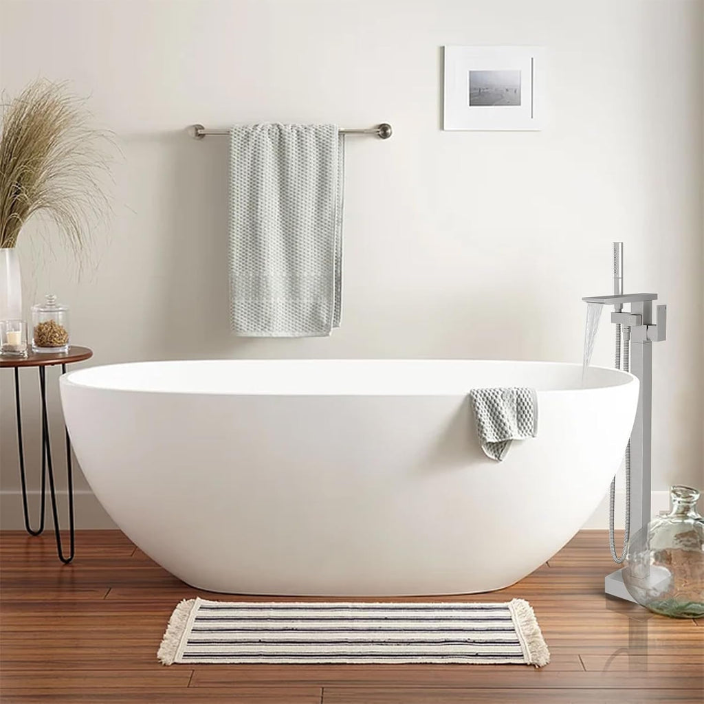RUMOSE Brushed Nickel Bathtub Filler Freestanding Tub Filler Floor Mount Tub Faucet Waterfall Bathtub Faucet with CUPC Certified High Flow Brass Bath Shower Faucets with Handheld Sprayer