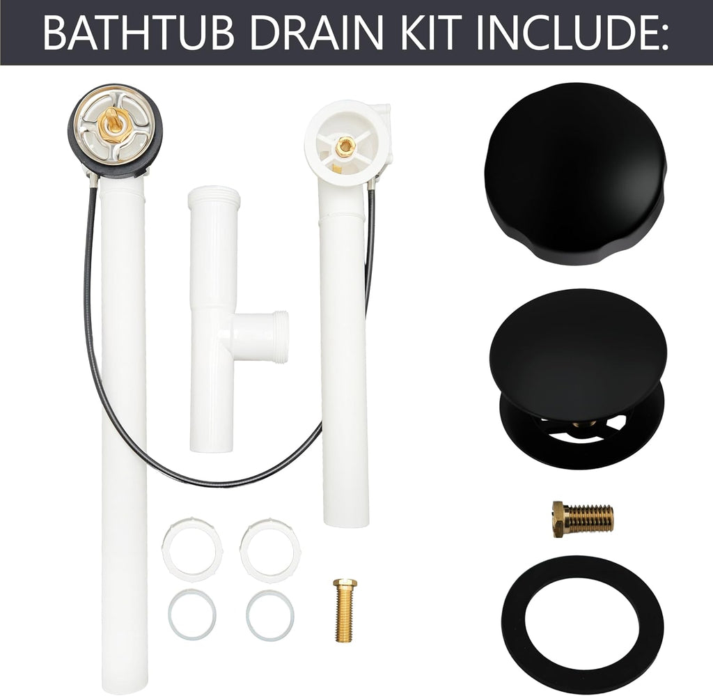Westbrass A50P35TLE-62 35' Cable Drive Bath Drain Trim Kit with Rotary Overflow Cover Knob, European Stopper and Poly Tubular Pipes, Matte Black
