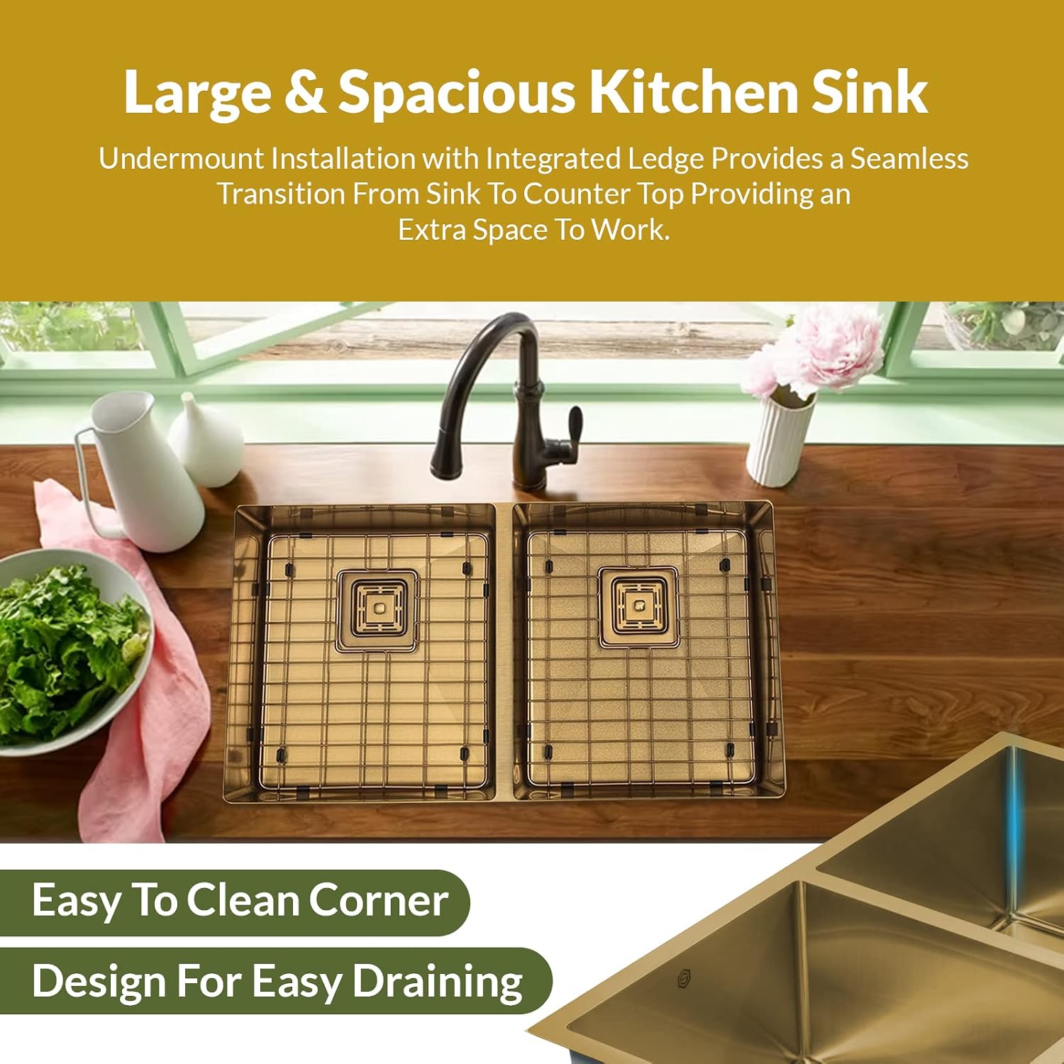 Strictly Sinks 32 Inch Undermount Double Bowl Kitchen Sink – Gold Kitchen Sink Designer Shelf Accessory 16 Gauge Stainless Steel – With Bottom Grid, 1 Disposal Adapter and 2 Strainer Drains