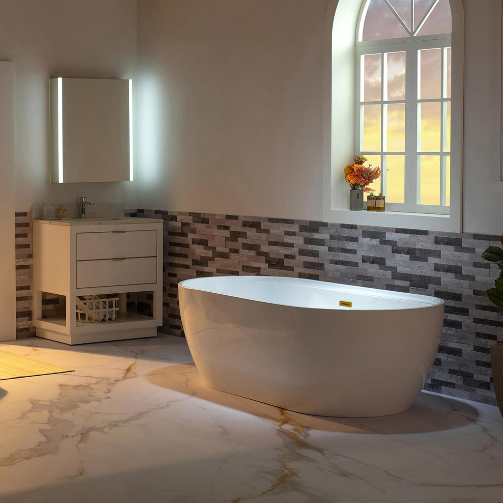 WOODBRIDGE 72' Acrylic Freestanding Bathtub Contemporary Soaking White Tub with Brushed Gold Overflow and Drain,B0059-BG