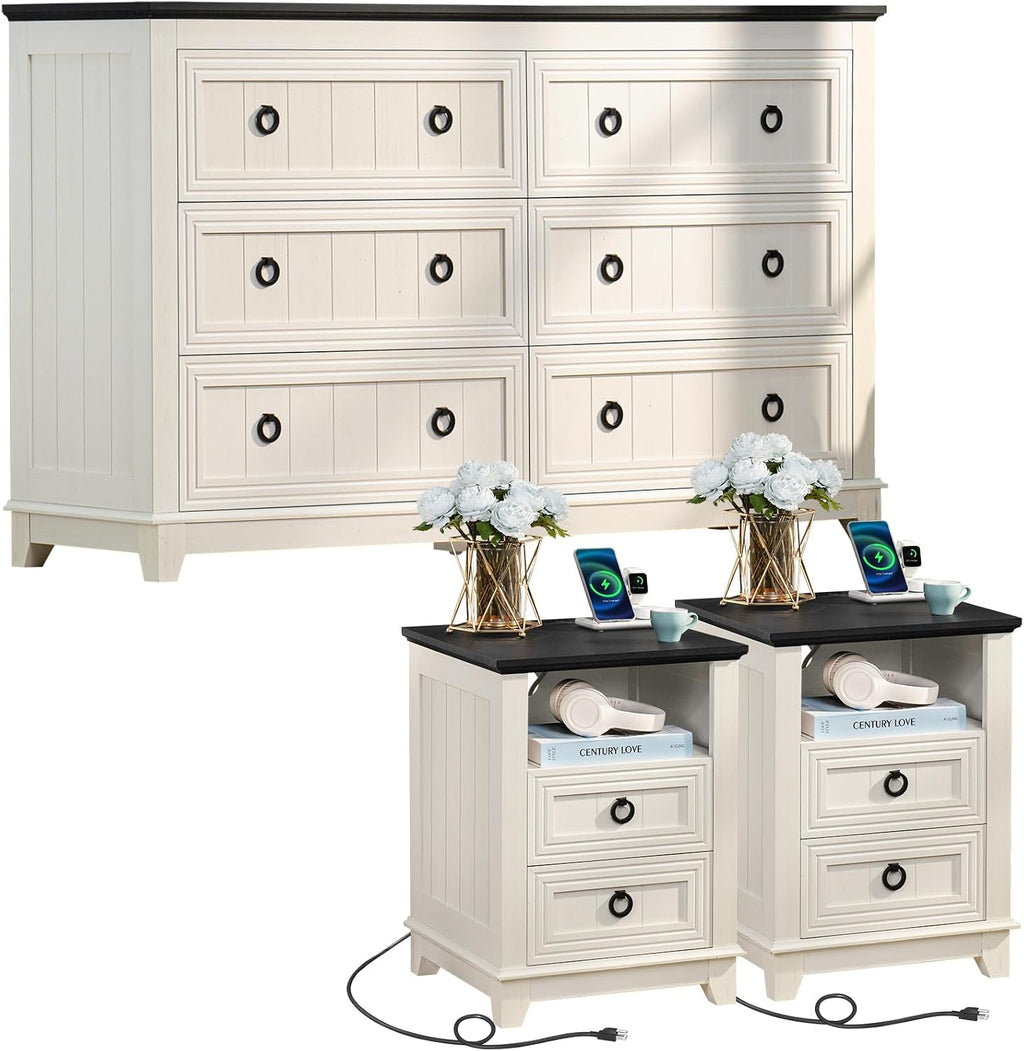 Joaxswe Farmhouse Furniture Set, Nightstands Set of 2 and 6 Drawers Dresser for Bedroom, 54 Inch Wide Wood Dresser and 18' Night Stands with Charging Station for Bedroom, Living Room, Hallway