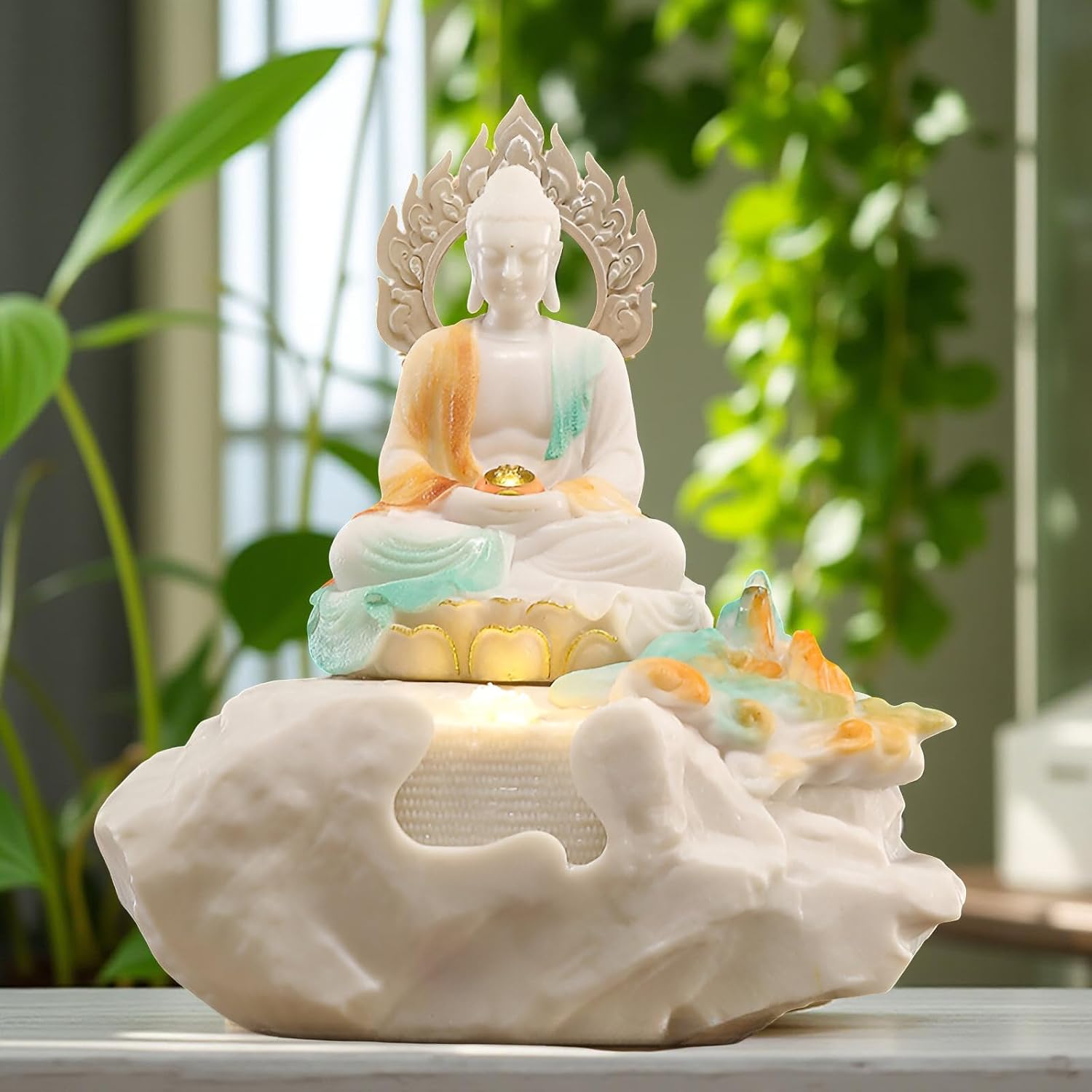 Zen Buddha Tabletop Fountain with LED Lights & Crystal Accents – Indoor Meditation Waterfall Feature with Cascading Water for Home, Office, Living Room or Bedroom – Free 10 Free Crystals (Style 2)
