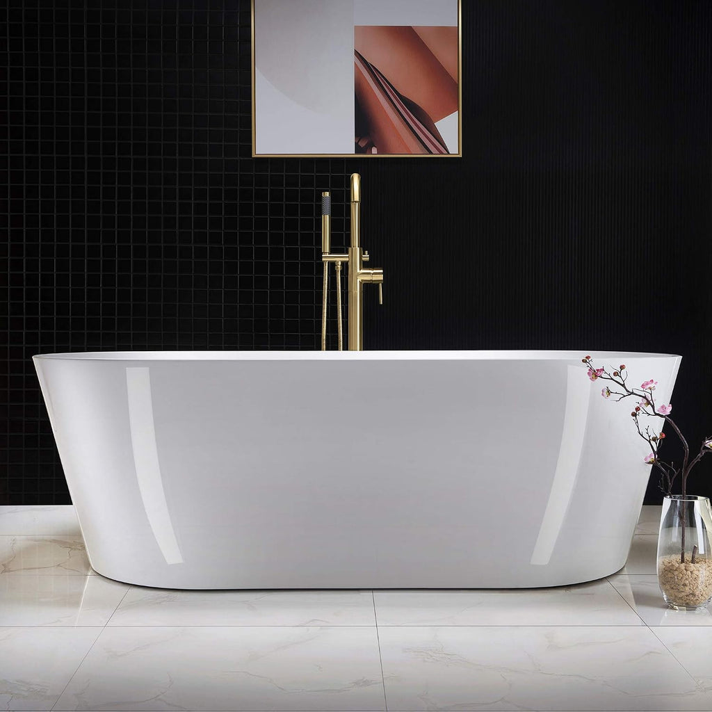 WOODBRIDGE 71' Acrylic Freestanding Bathtub Contemporary Soaking White Tub with Brushed Gold Overflow and Drain,B1701-BG
