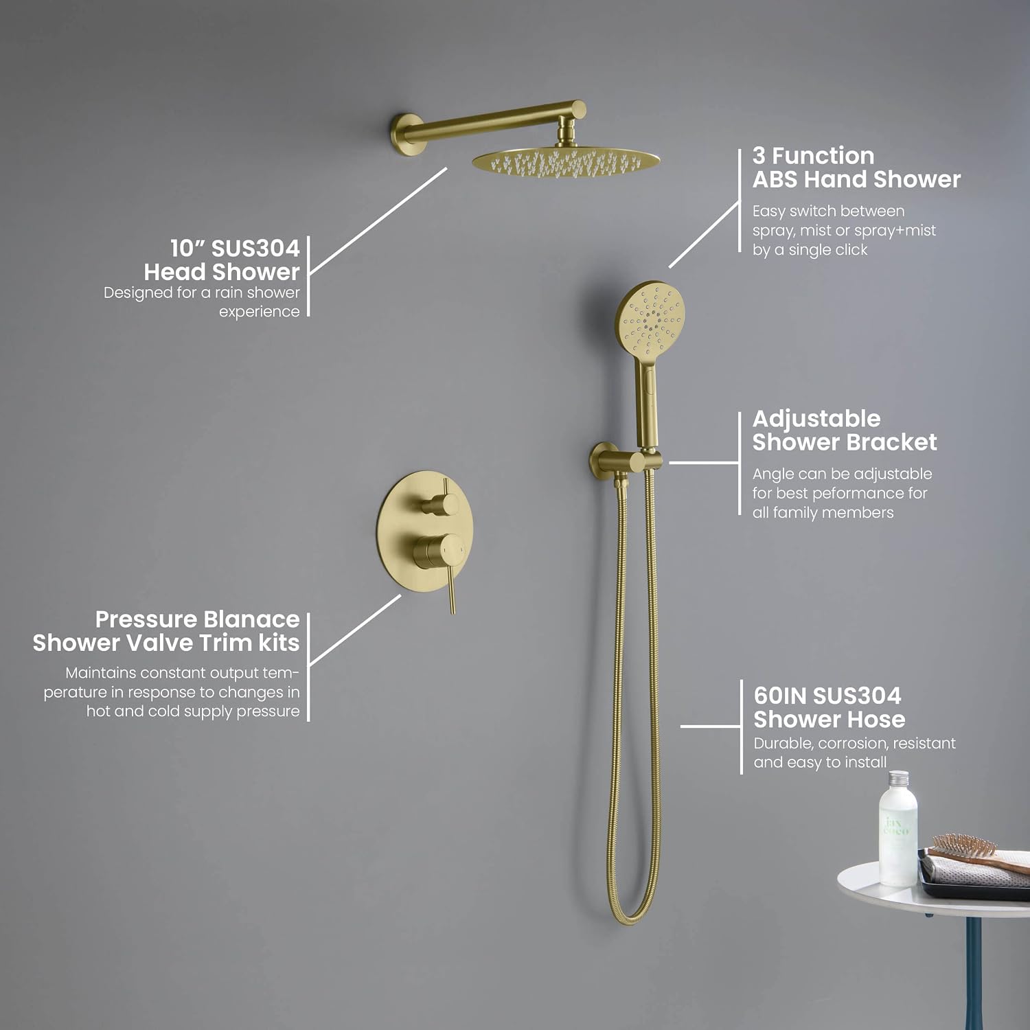 KIBI Circular Bathroom Shower System | 2-Function Wall Mounted Shower Faucet Set | Solid Brass Pressure Balanced Valve Construction | Durable and Leak-Free | Brushed Gold Finish (KSF403)