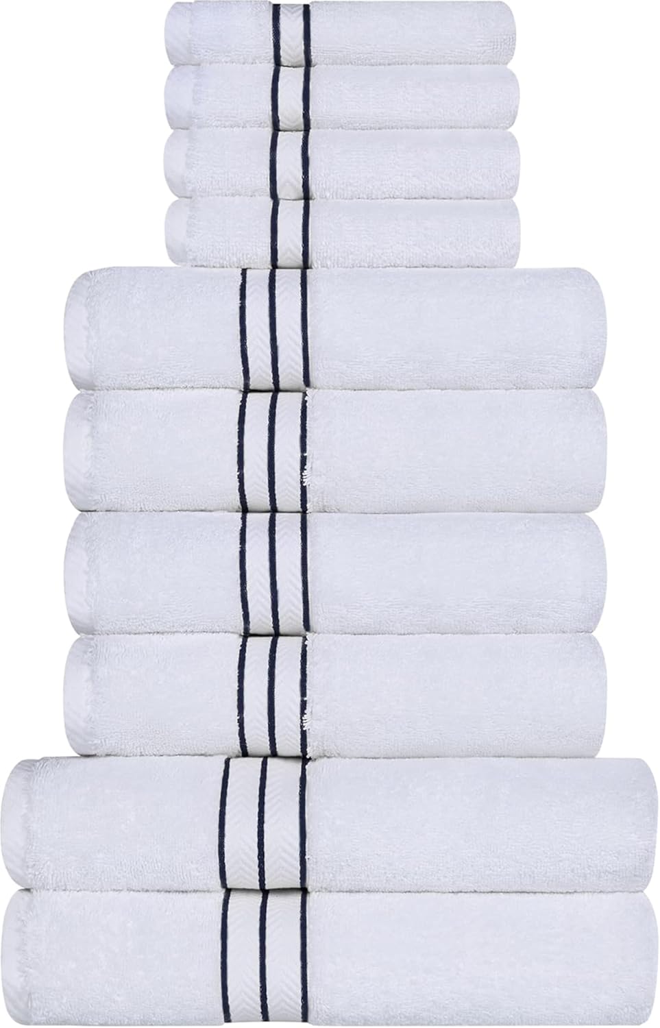 Superior Hotel Turkish Cotton 10 Piece Towel Set, Ultra Plush Spa Quality Heavyweight Essentials for Bathroom, Thick Absorbent and Soft, Dobby Border, Includes 2 Bath 4 Hand 4 Washcloths, Navy Blue