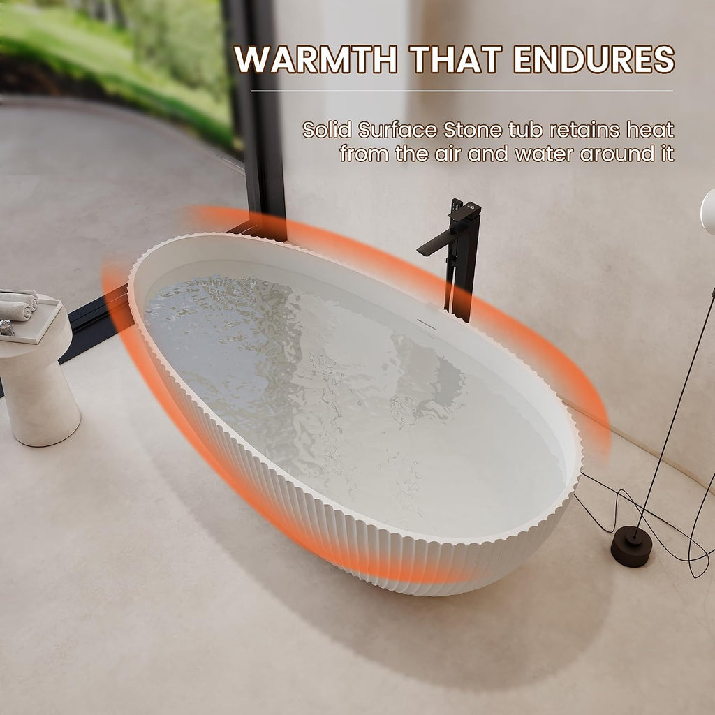 67 Inch Egg-Shape Solid Surface Free Standing Tub Matte White Stone Resin Soaking Tub Featuring 14.37 Inches Soaking Depth, 78 Gallons Water Capacity
