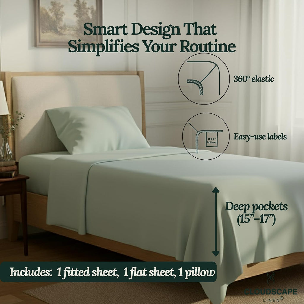 CLOUDSCAPE 100% Egyptian Cotton Sheets Twin XL Size, 3 Pcs Breathable and Naturally Cooling Bedding Set, Long-Staple Cotton for Lasting Softness, Deep Pocket Fitted up to 16', Mineral