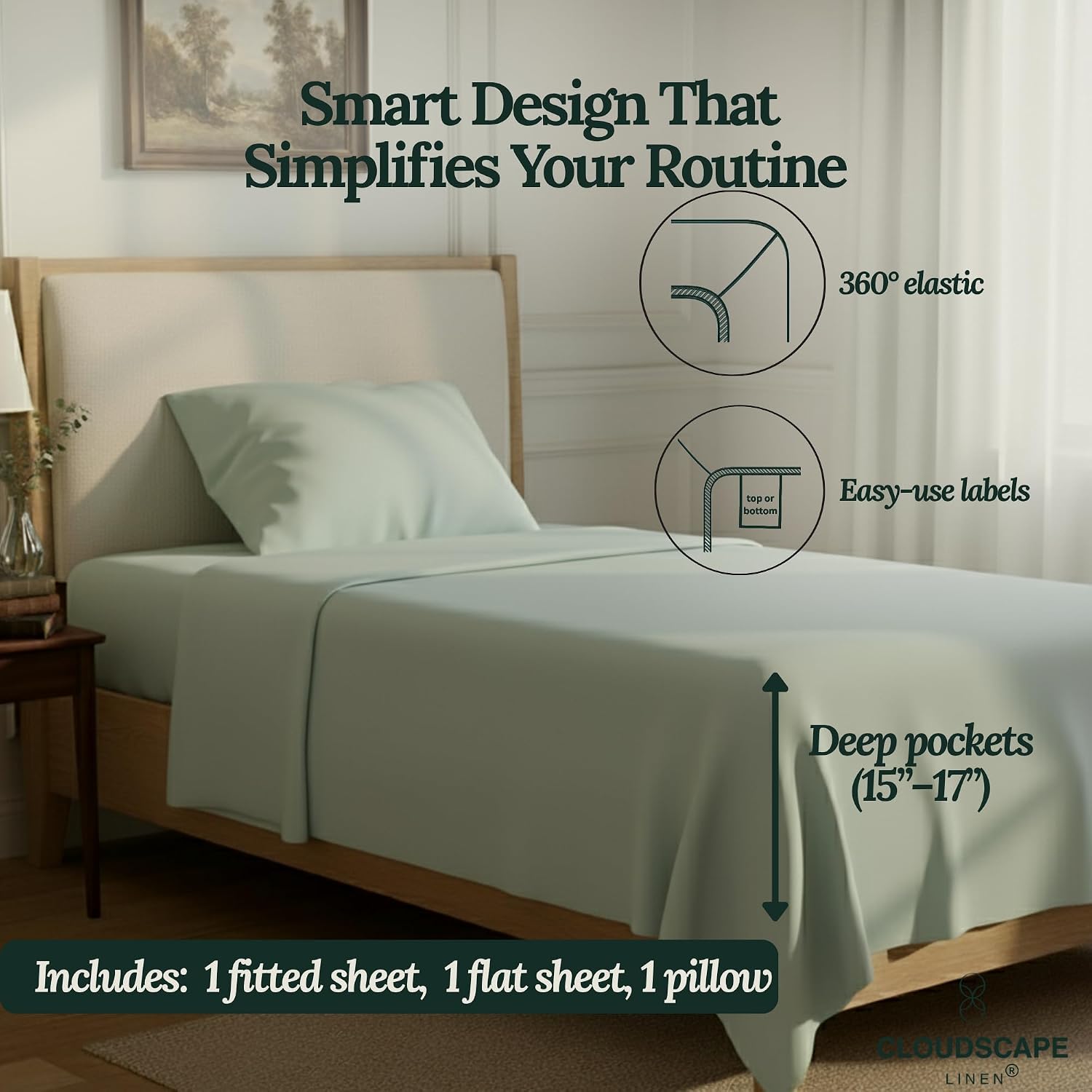 CLOUDSCAPE 100% Egyptian Cotton Sheets Twin XL Size, 3 Pcs Breathable and Naturally Cooling Bedding Set, Long-Staple Cotton for Lasting Softness, Deep Pocket Fitted up to 16', Mineral
