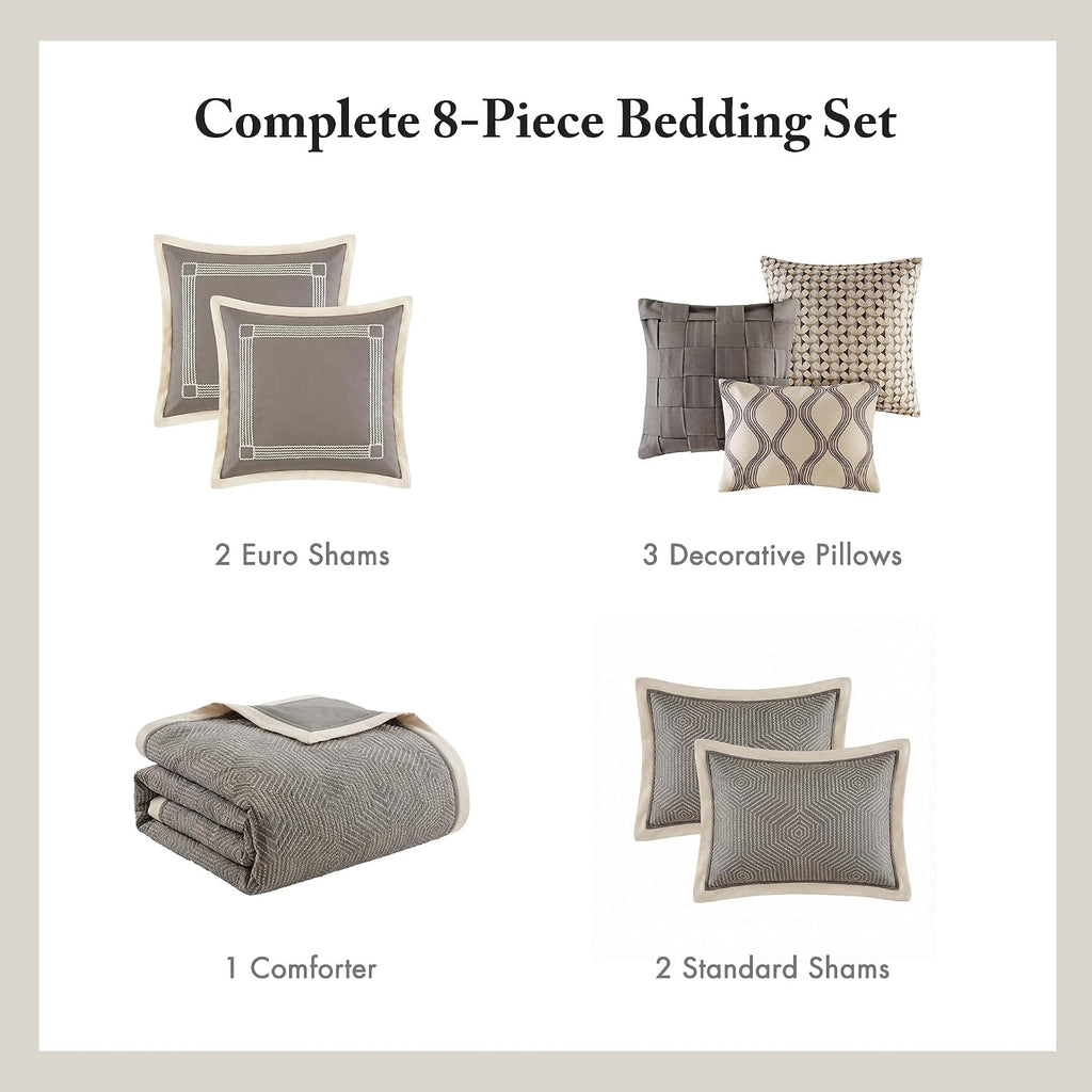 Madison Park Signature Cozy Comforter Set - All Season Bedding Combo Filled Insert and Removable Duvet Cover, Shams, Decorative Pillows, Queen (92 in x 96 in), Geometric Grey 9 Piece
