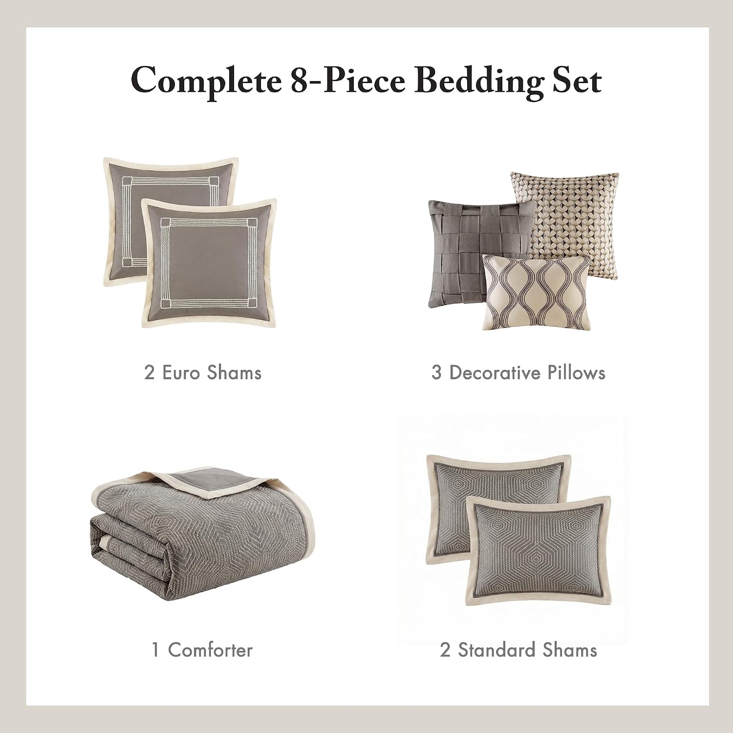 Madison Park Signature Cozy Comforter Set - All Season Bedding Combo Filled Insert and Removable Duvet Cover, Shams, Decorative Pillows, Queen (92 in x 96 in), Geometric Grey 9 Piece