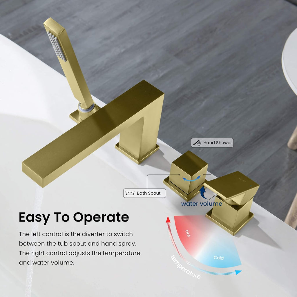 KIBI Cube Single Handle Roman Tub Faucet with Hand Shower | Deck Mounted Bathtub Faucet Set with Solid Brass Construction, Smooth Water Flow & Diverter for Easy Operation (Brushed Gold, KTF3102)